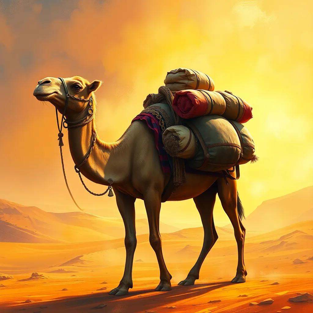A strong camel carrying heavy bags on its back, showing its strength and power, in the desert, warm light, colorful, storytelling ambiance, high resolution