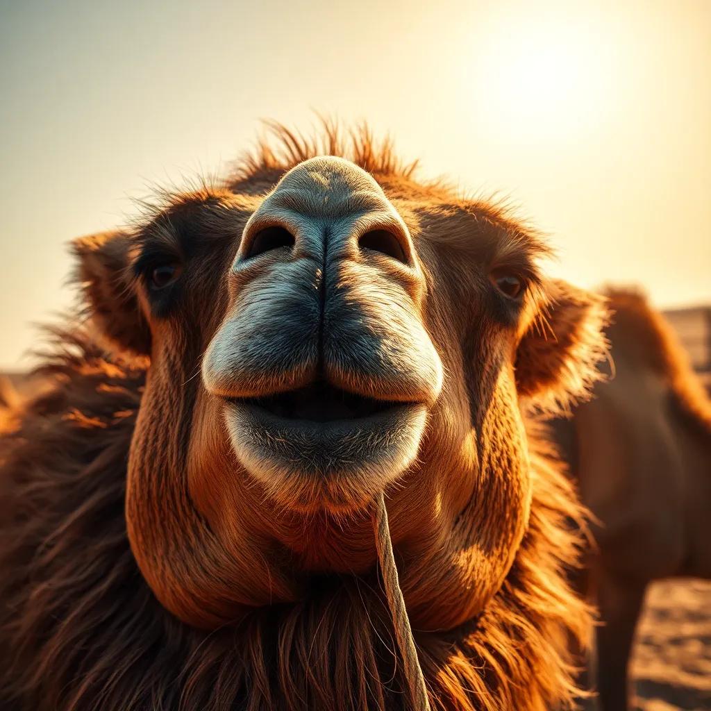 A close-up of a camel's thick skin and fur under the sun, highlighting its resilience to heat, beautiful detailed image, warm colors, inviting atmosphere, realistic