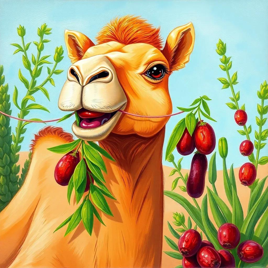 A camel happily eating green leaves and dates, surrounded by desert plants, cheerful and bright scene, vibrant colors, friendly and engaging, high quality