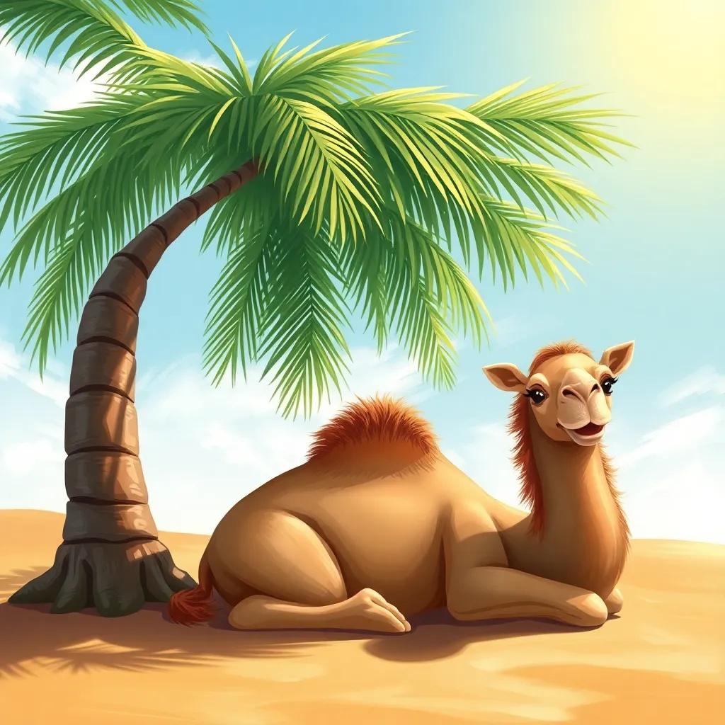 A camel resting under a palm tree on a sunny day, relaxing with a peaceful expression, calm colors, serene atmosphere, child-friendly digital art