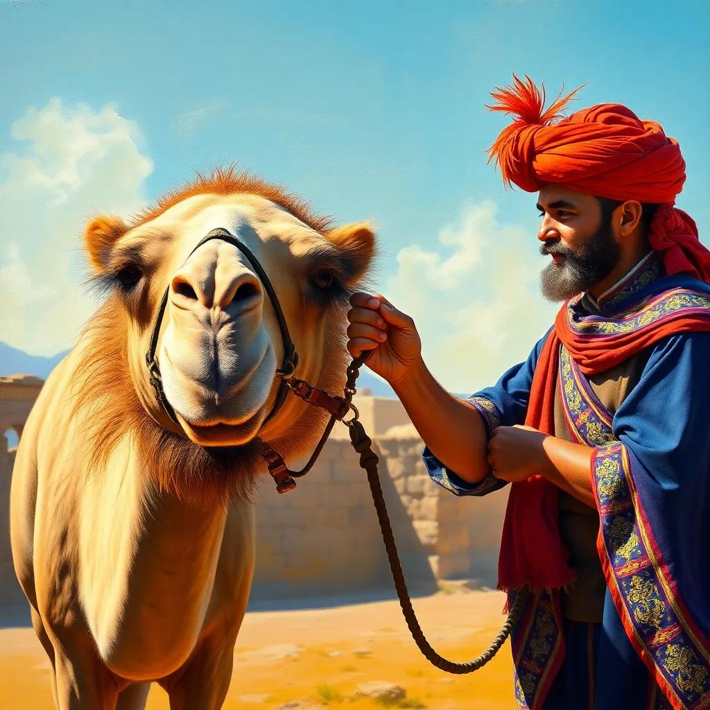 A trained camel following commands from its owner, showcasing intelligence and bond between them, sunny day, colorful background, engaging and informative, high resolution