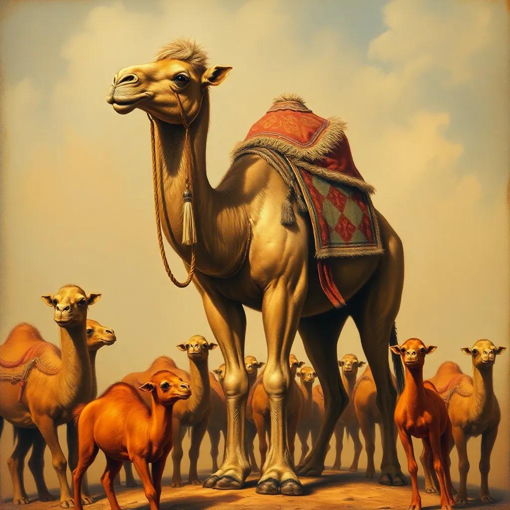 An old wise camel standing proudly, symbolizing wisdom and long life, surrounded by smaller camels, warm colors, storytelling imagery, detailed