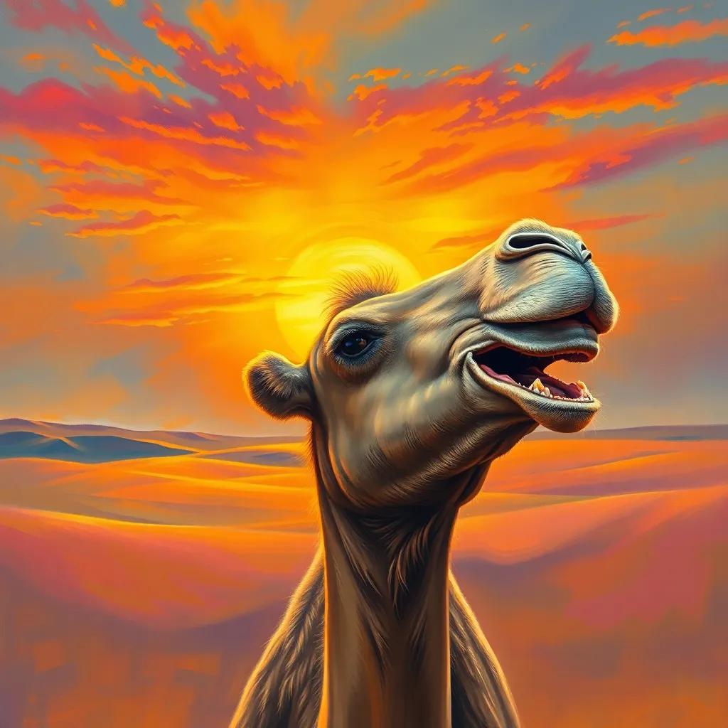 A camel making a unique sound in the desert, expressing happiness, with a beautiful sunset behind, vibrant colors, emotional and heartwarming, high quality