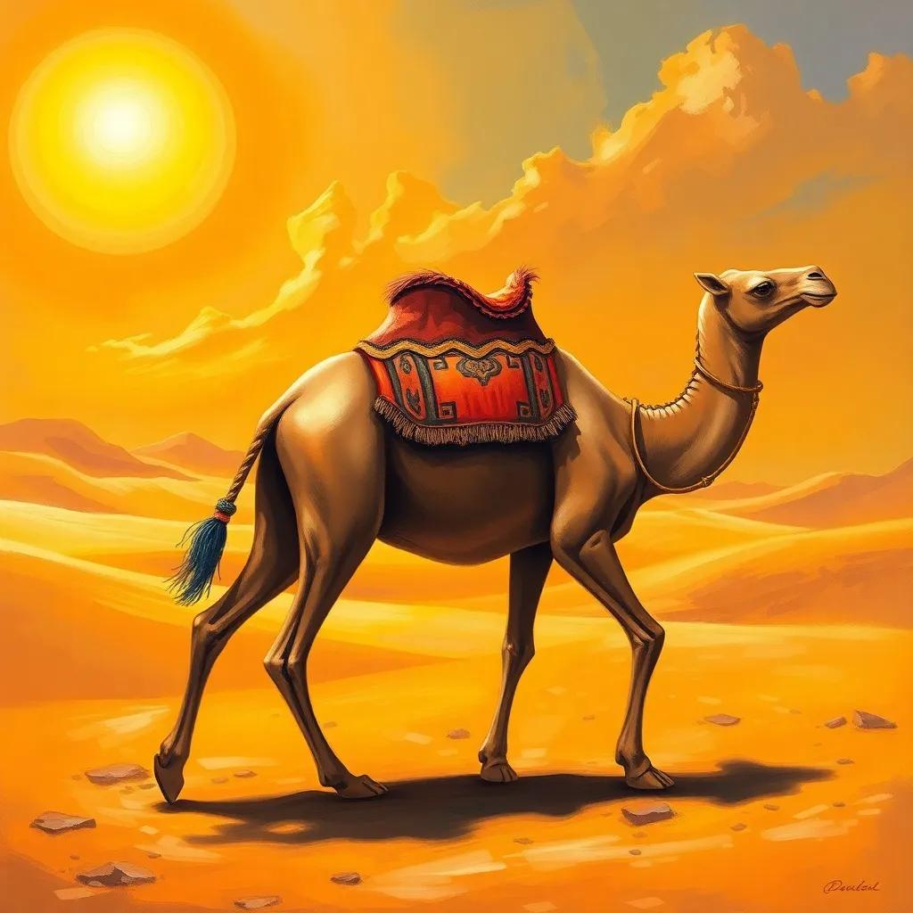 A camel symbolizing patience and endurance, walking slowly in the hot sun, with a desert landscape in the background, rich and vivid colors, powerful and encouraging, child-friendly