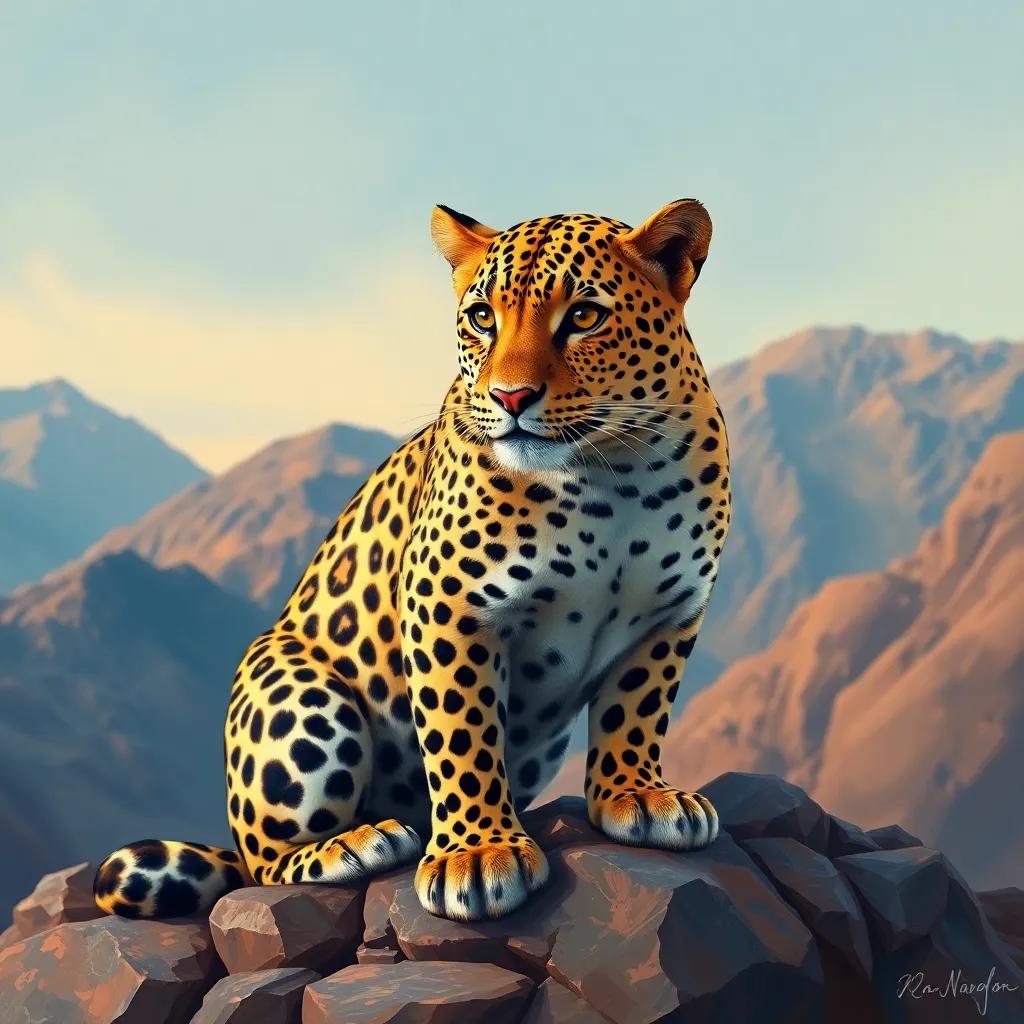 A beautiful Arabian leopard with golden fur and black spots, sitting majestically on a rocky mountain, digital art, warm colors, serene atmosphere, high quality