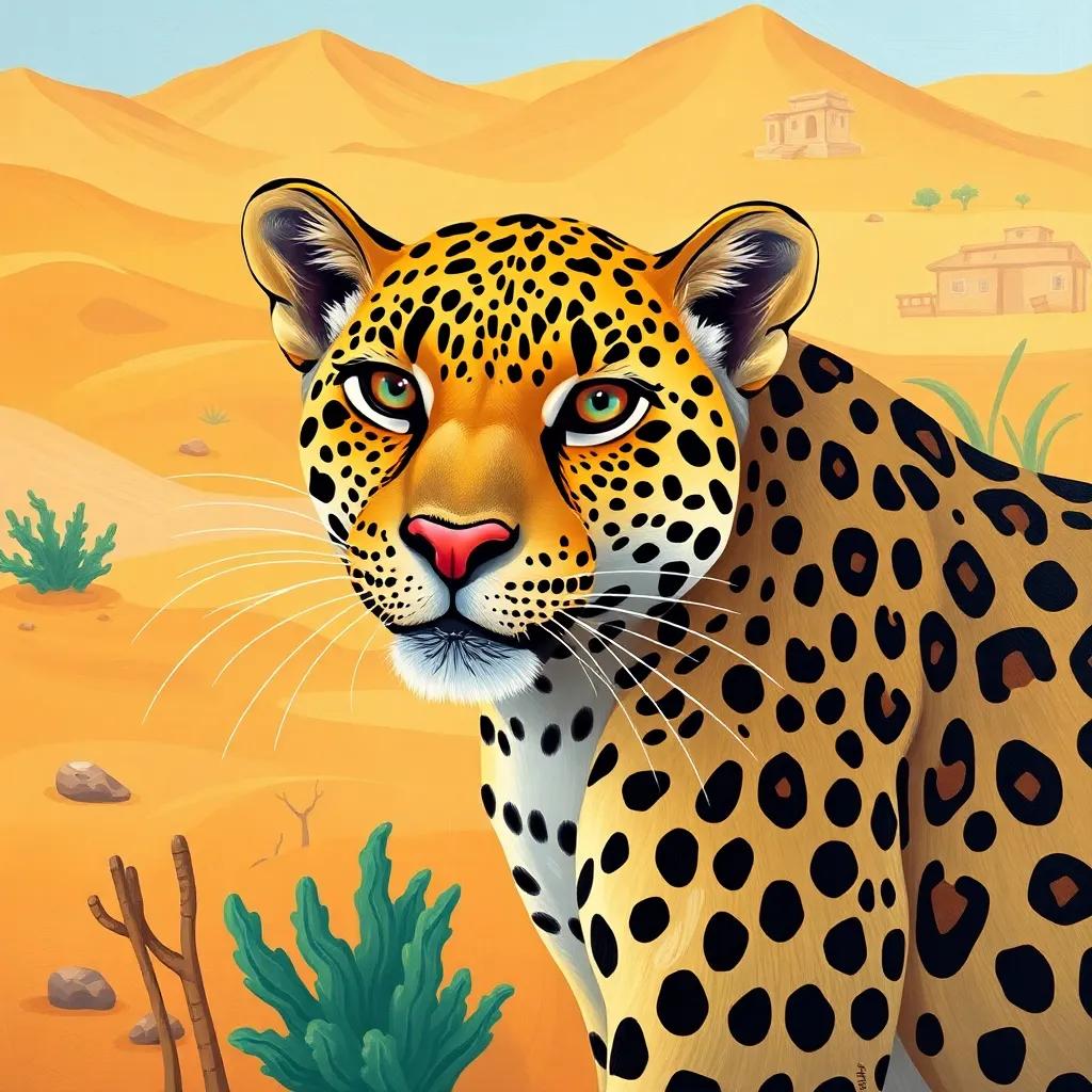 An Arabian leopard in the wild, showing its striking features in a natural habitat, with a desert background, illustration, vibrant colors, adventure-themed, child-friendly