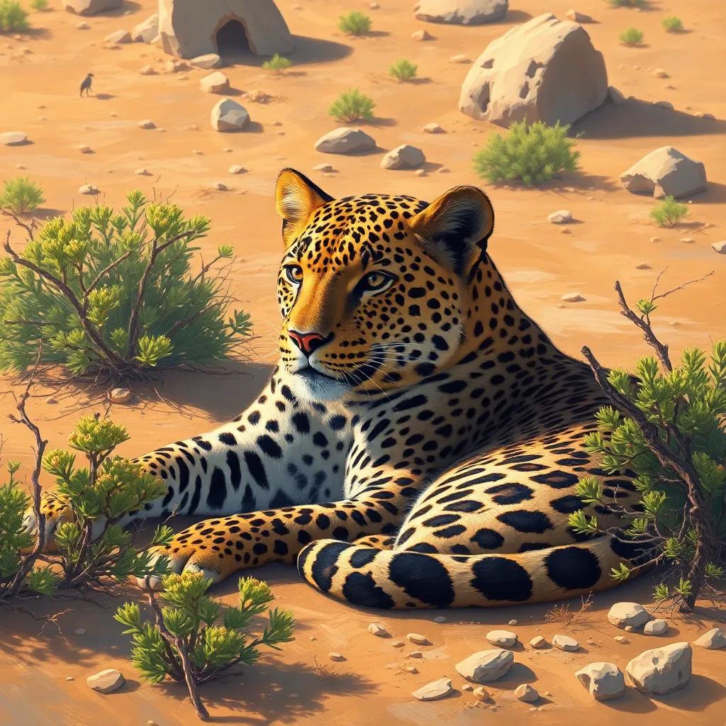 An endangered Arabian leopard resting in the sun, surrounded by its natural environment of sparse shrubs and rocky terrain, detailed digital art, warm colors, realistic