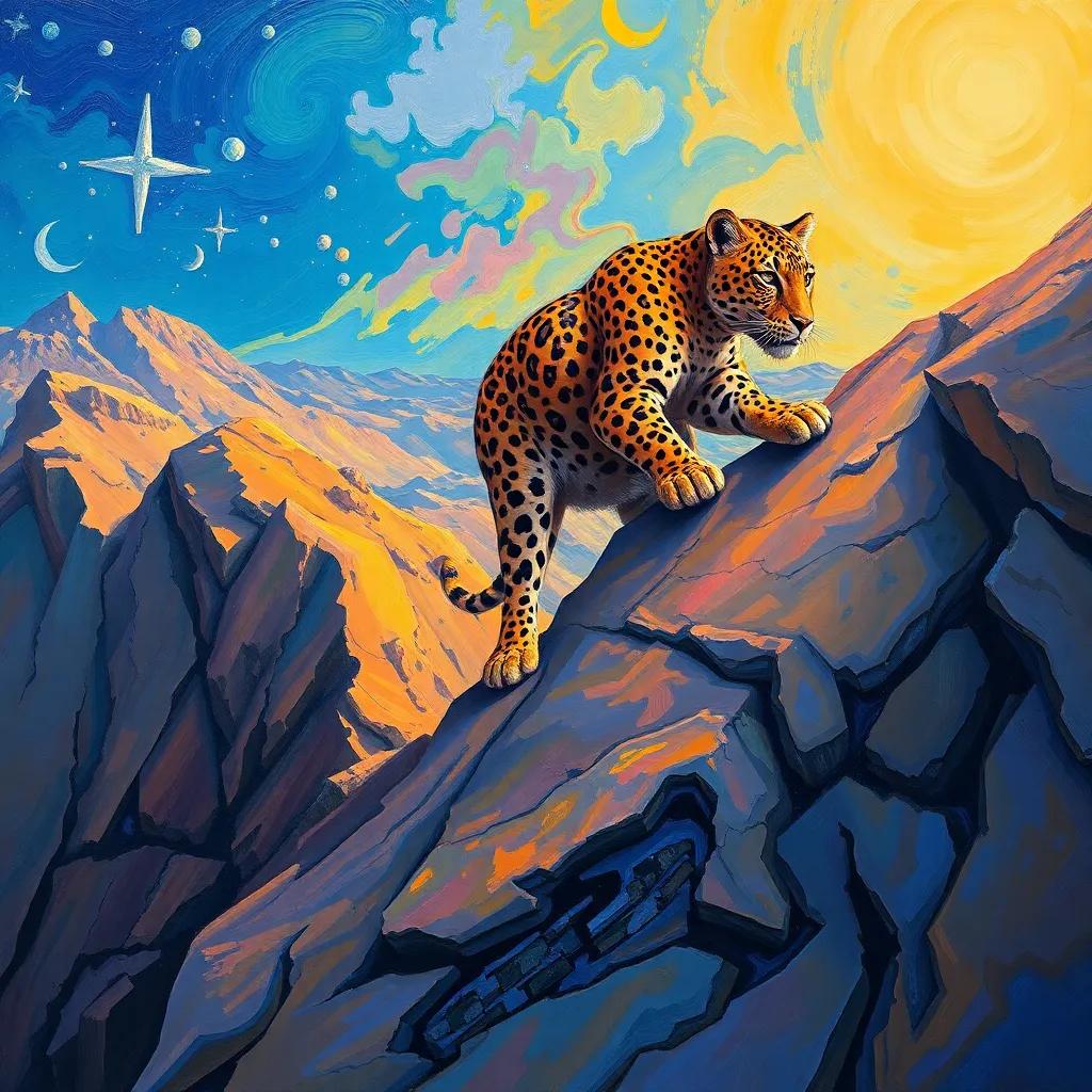 An Arabian leopard climbing a steep mountain, showcasing its strength and agility while exploring its habitat, colorful, bright light, storytelling view