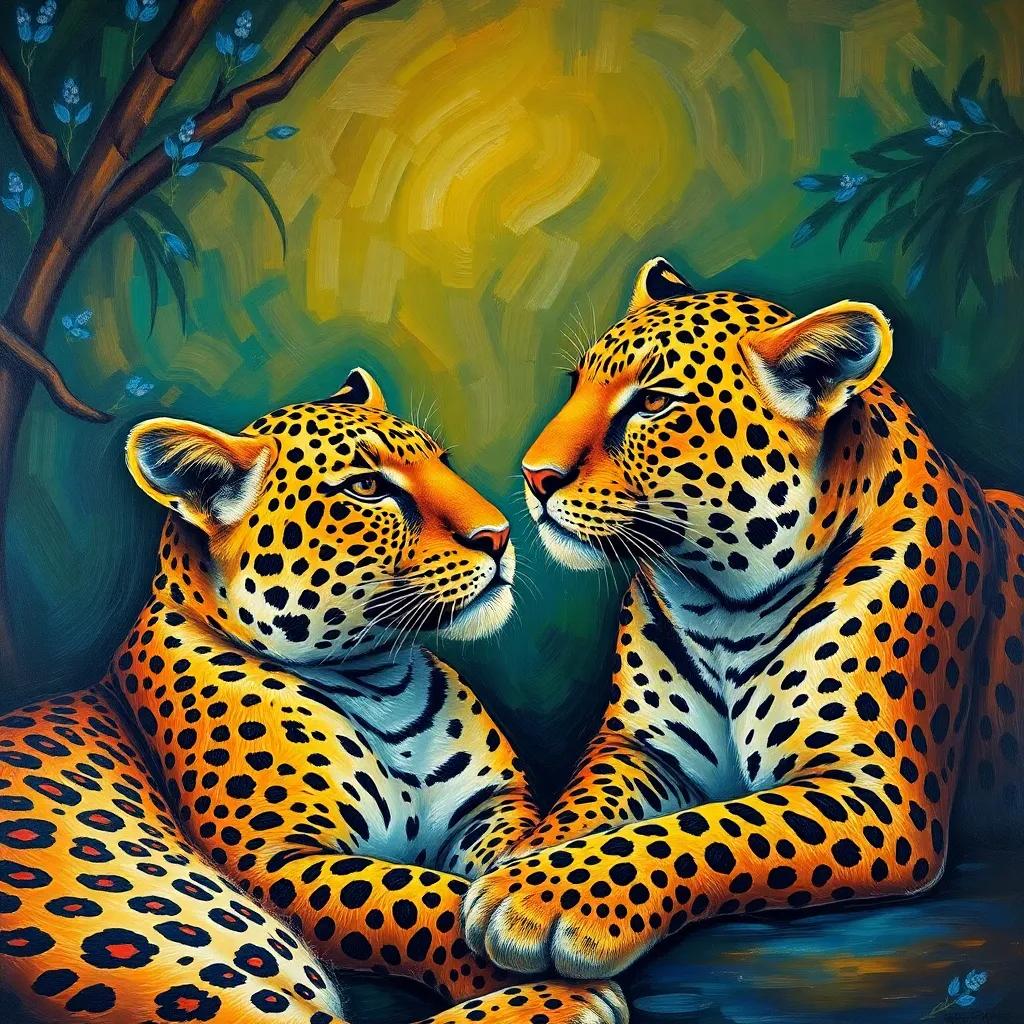 A loving depiction of Arabian leopards in a wildlife sanctuary, with caretakers providing care and education, heartwarming, rich colors, uplifting imagery