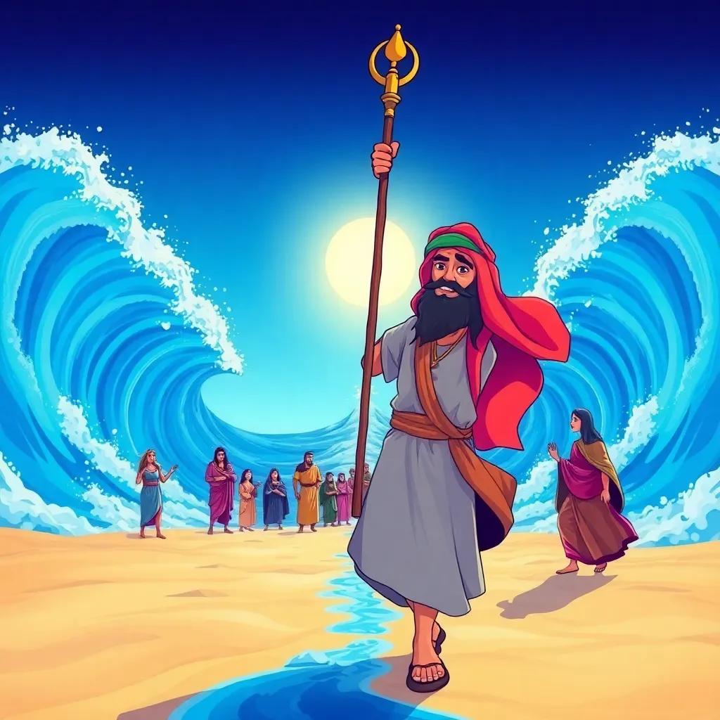 Musa, a strong Middle-Eastern man, raising his staff as the sea splits in two, creating a wide dry path, with astonished people behind him, bright blue waves on either side, magical and inspiring scene, colorful and vivid, child-friendly