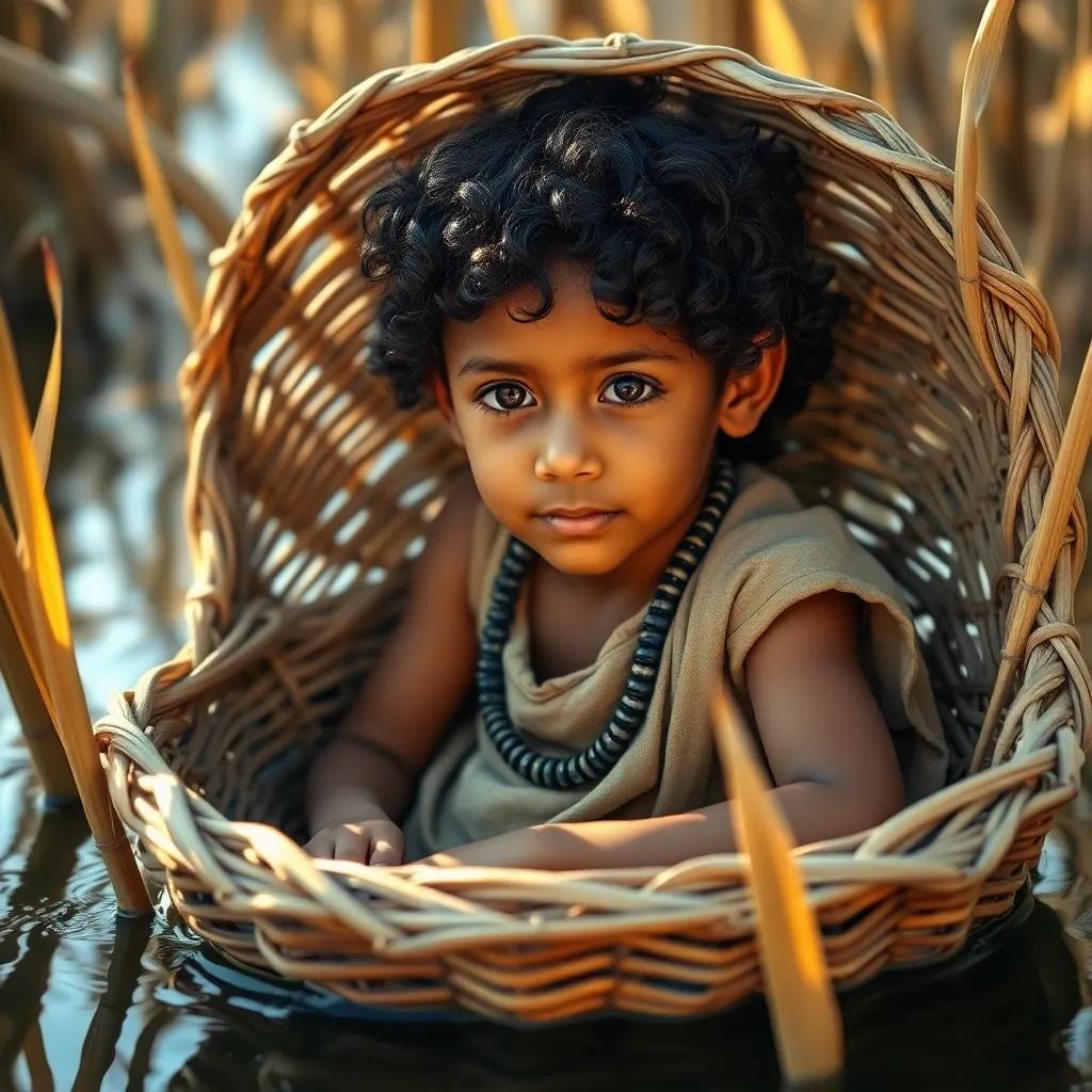 A young Egyptian boy, Musa, in a simple tunic with curly black hair, hidden in a woven basket floating in the Nile, surrounded by reeds and sunlight, soft colors, peaceful atmosphere, high quality