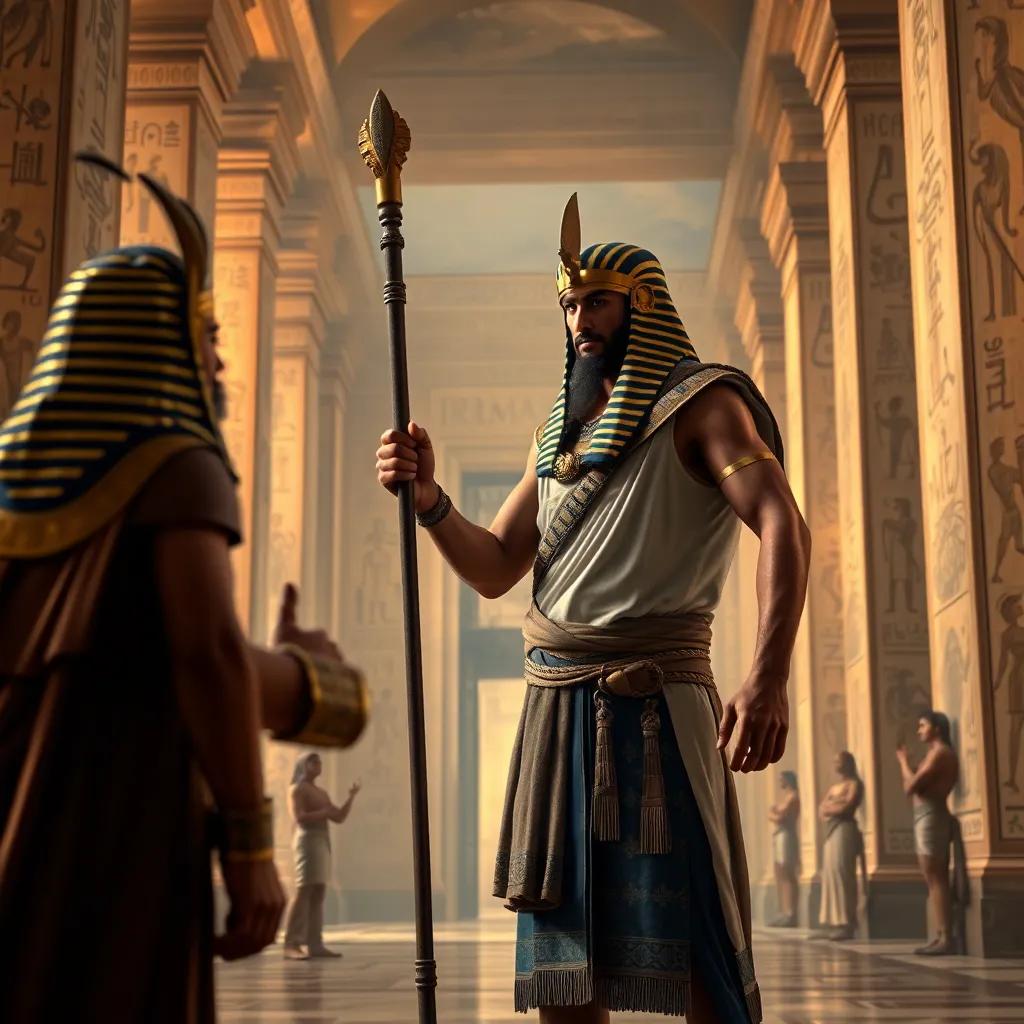 An adult Musa, standing strong with a staff, confronting Pharaoh in grand palace halls, Egyptian walls adorned with hieroglyphics, vibrant colors, dramatic high quality, tension-filled atmosphere