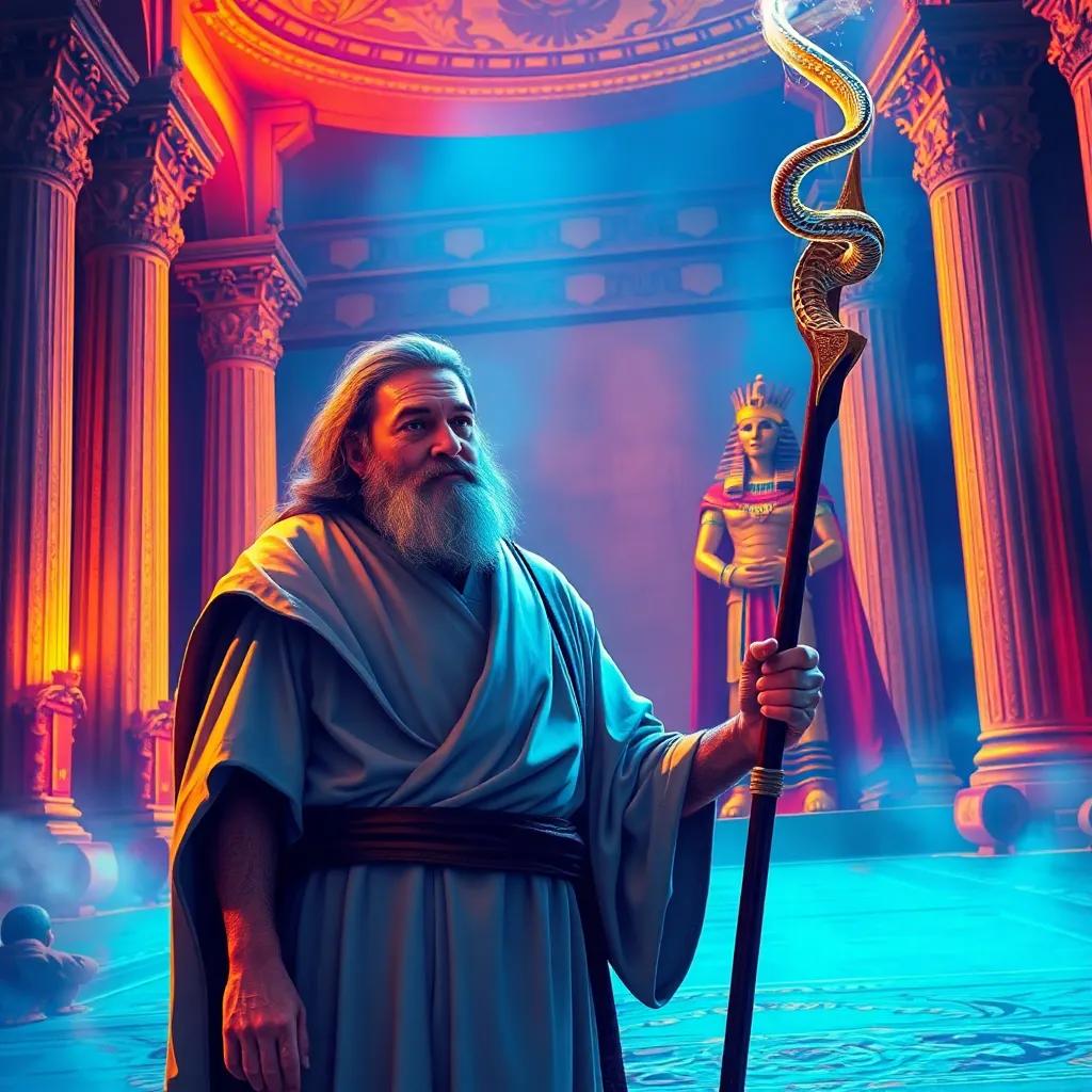 Moses, a wise man, with a beard, wearing a simple tunic, standing boldly before Pharaoh in a grand palace, holding a staff that is turning into a snake, vibrant colors, dramatic tension, digital art, high detail