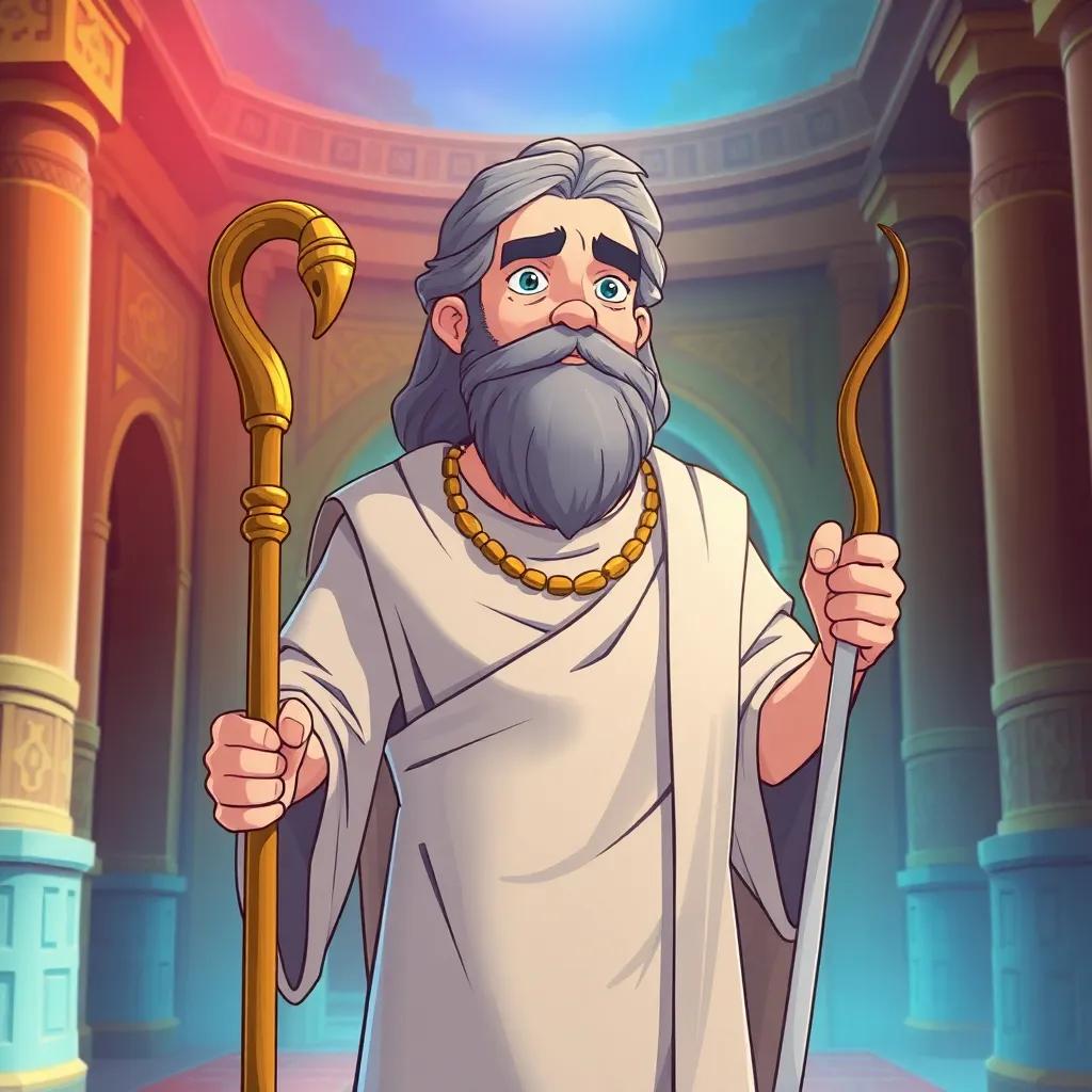 Moses, a wise man, with a beard, wearing a simple tunic, standing firmly with his staff in hand, the staff shaped like a snake, in a palace setting, illustration, bright and engaging, storytelling atmosphere, child-friendly