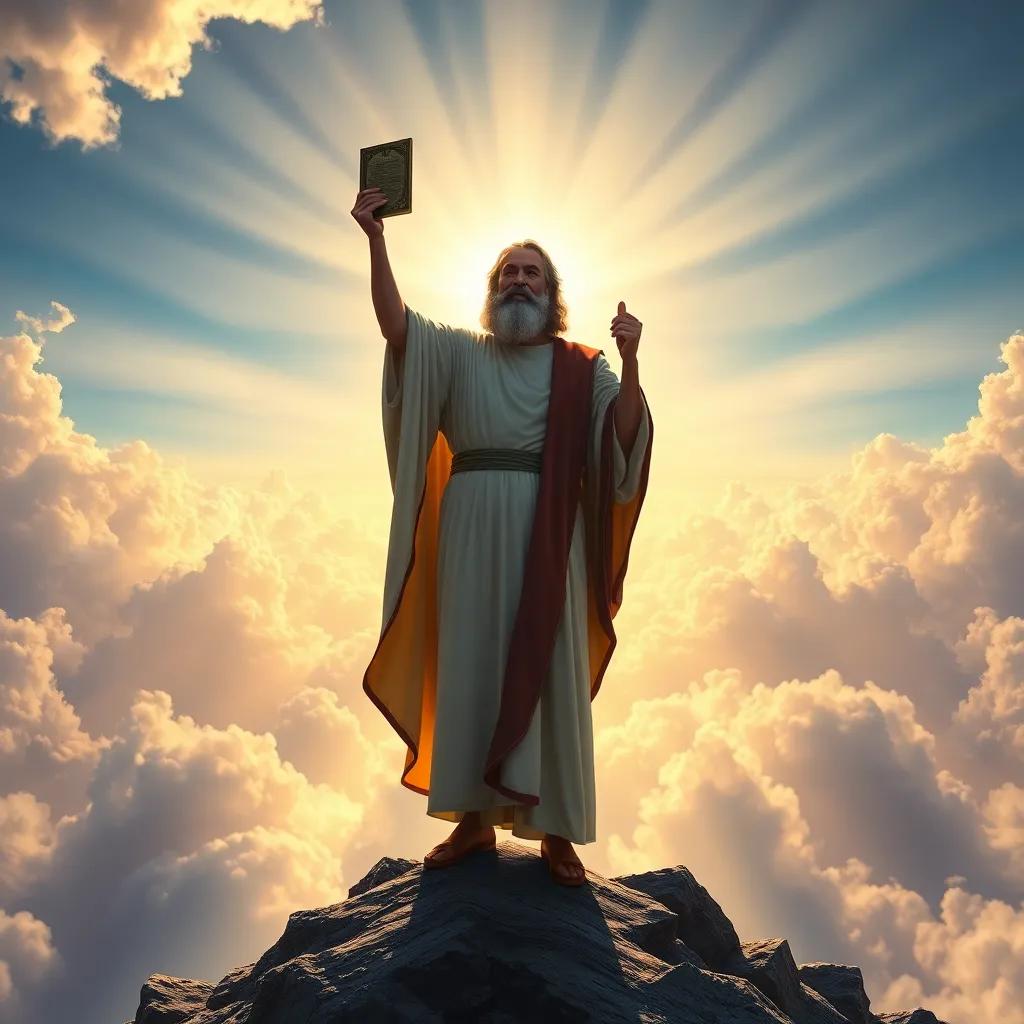 Moses standing on Mount Sinai, with a glowing aura, holding the tablets of the Torah high, surrounded by ethereal clouds and rays of sunlight, digital art, dramatic lighting, vibrant colors, perspective from below, high quality