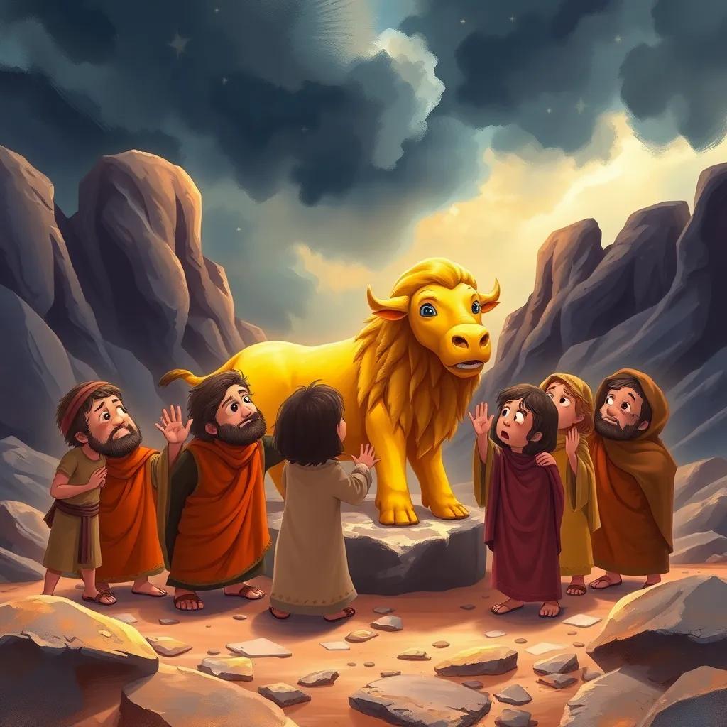A golden calf being worshipped by a group of Israelites, with fear and confusion on their faces, the golden beast shining against a rocky landscape under a stormy sky, illustration, chaotic atmosphere, rich colors, child-friendly, emotional