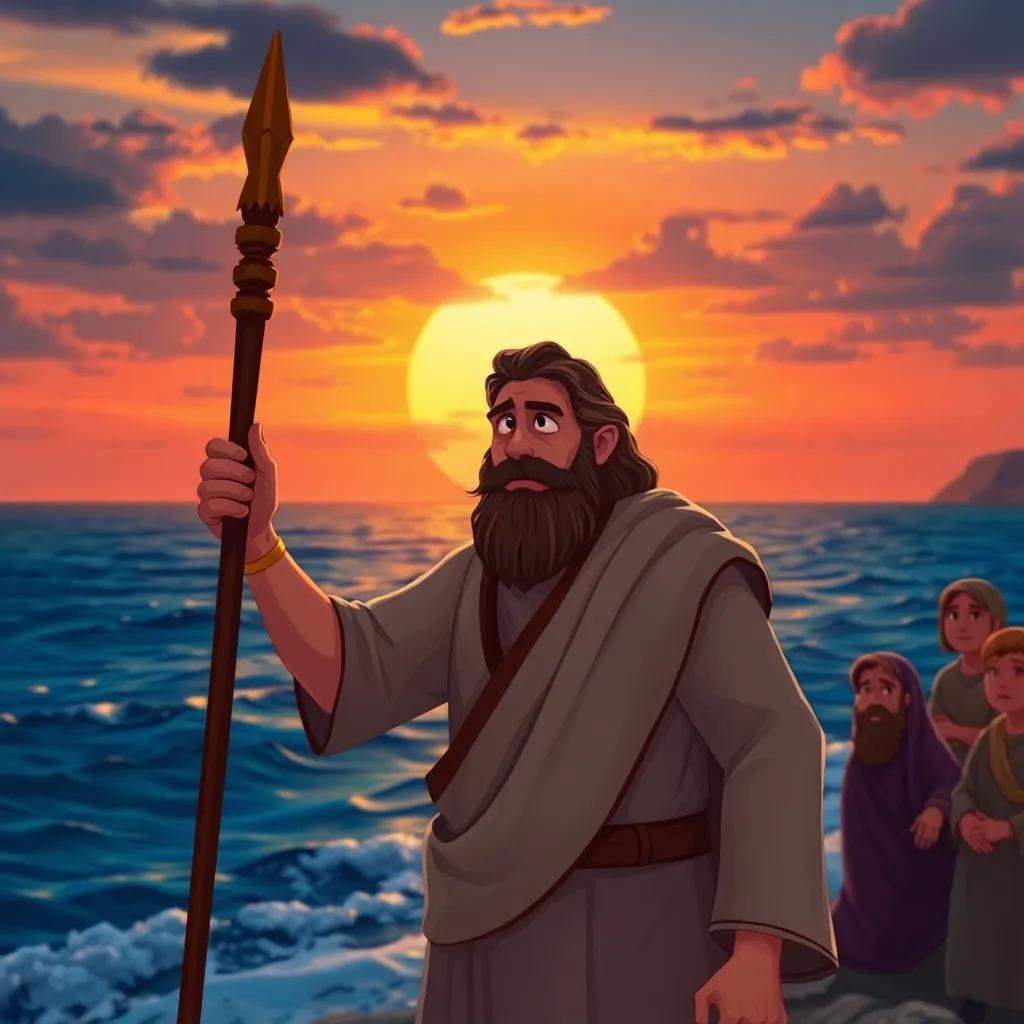 Moses, a Middle-Eastern man, with a staff, standing by the sea with a look of determination, surrounded by worried Israeli people, against a sunset sky, digital art, dramatic colors, hopeful atmosphere, high quality