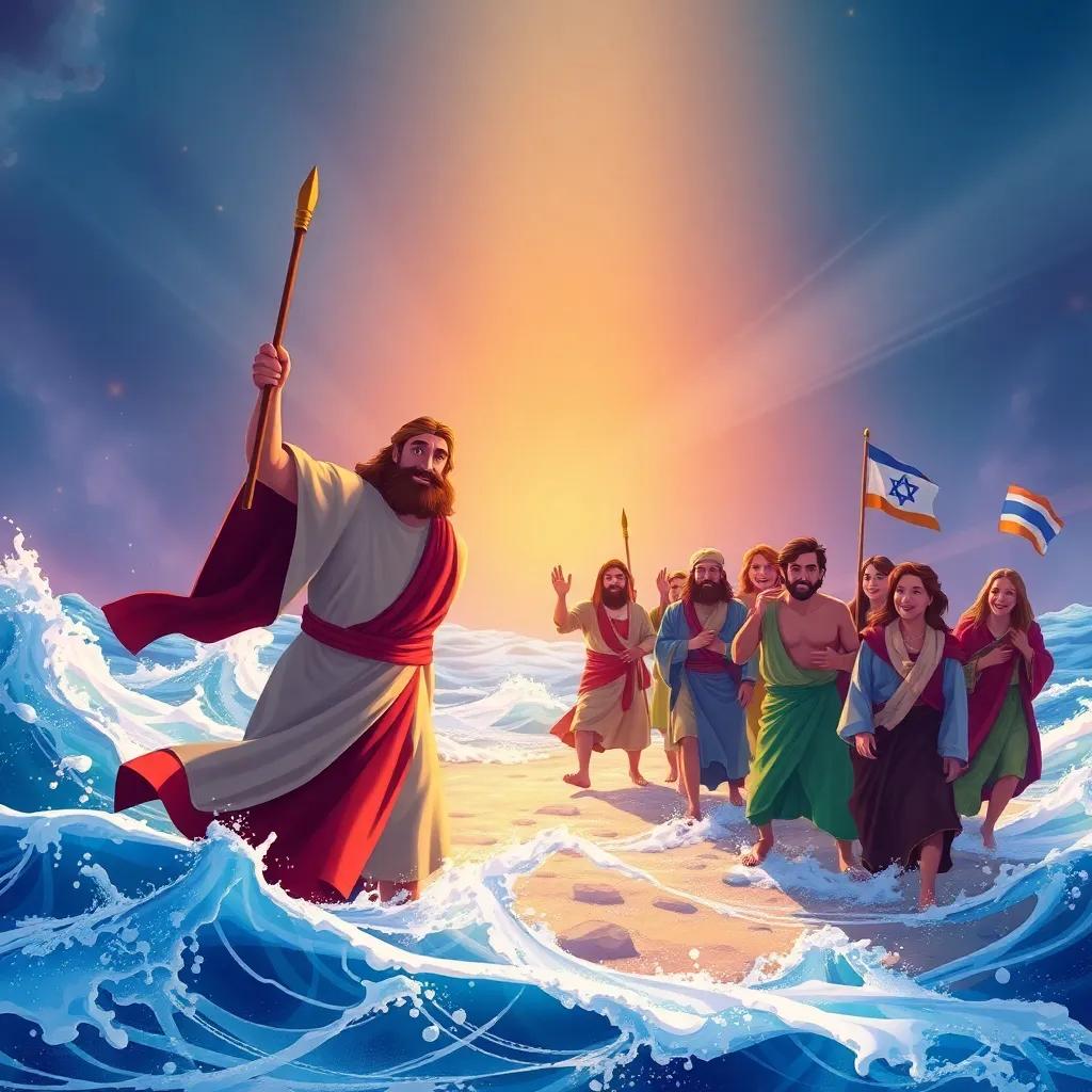 Moses, a Middle-Eastern man, with a staff, striking the sea, causing the water to split in two, with amazed Israeli people crossing on dry land, bright colors, magical atmosphere, high quality