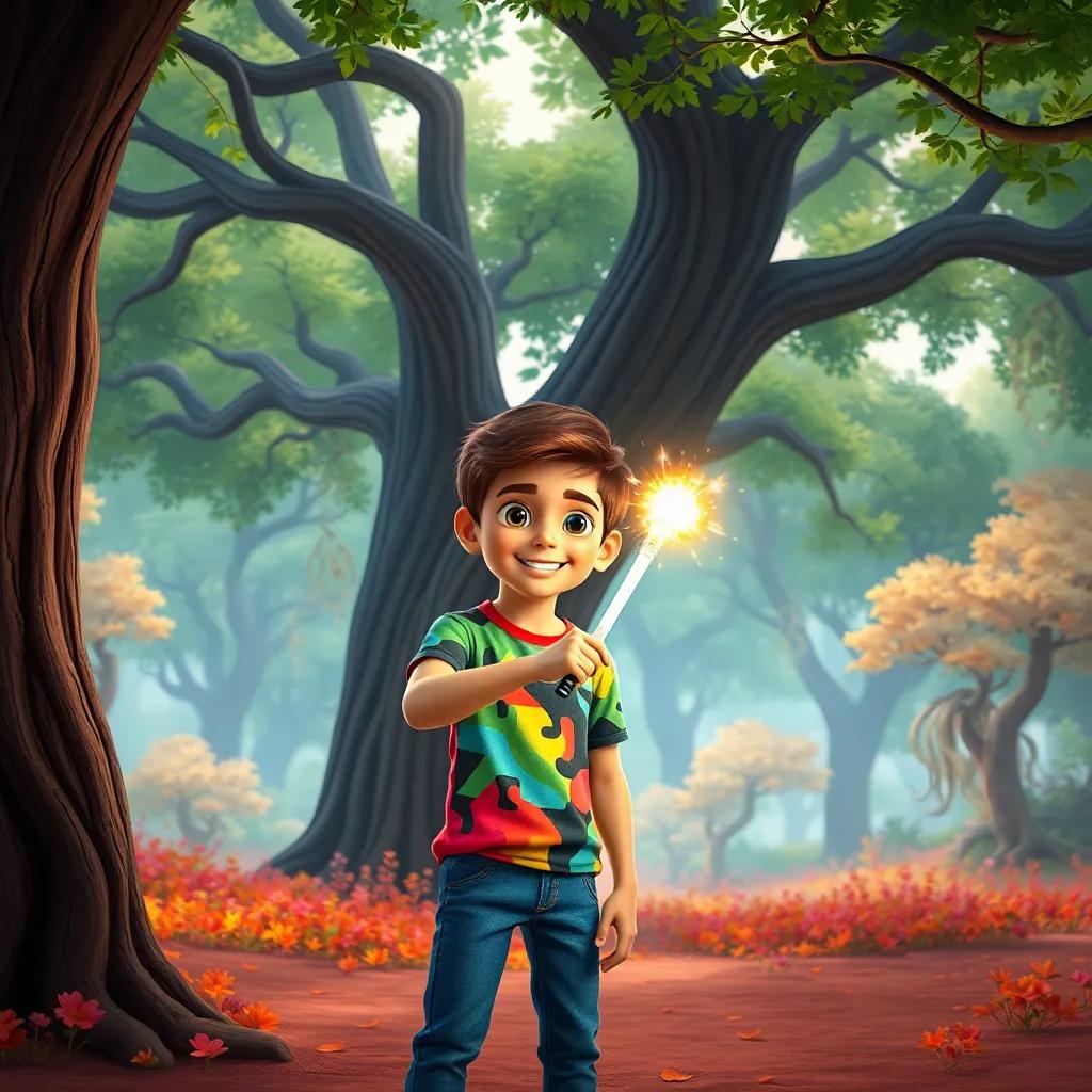 A young Arab boy, Sami, with short brown hair wearing a colorful t-shirt and jeans, holding a glowing magical wand under a big tree in a vibrant forest, digital art, cheerful atmosphere, warm colors, high quality