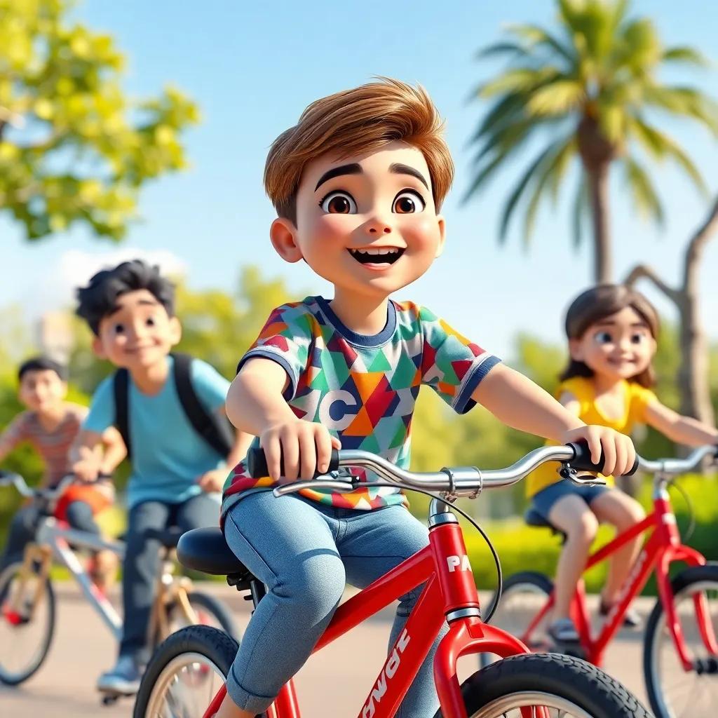 Sami, a young Arab boy, with short brown hair wearing a colorful t-shirt and jeans, riding a bright red bicycle with friends in a sunny park, joyful expressions, bright colors, cheerful scene, high quality