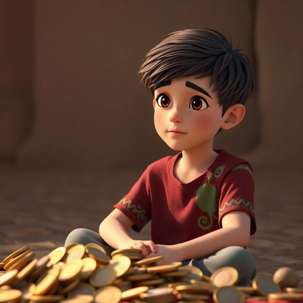 Sami, a young Arab boy, with short brown hair in a colorful t-shirt, surrounded by coins and treasures, looking lonely while seated, soft light, muted colors, contemplative mood, high quality