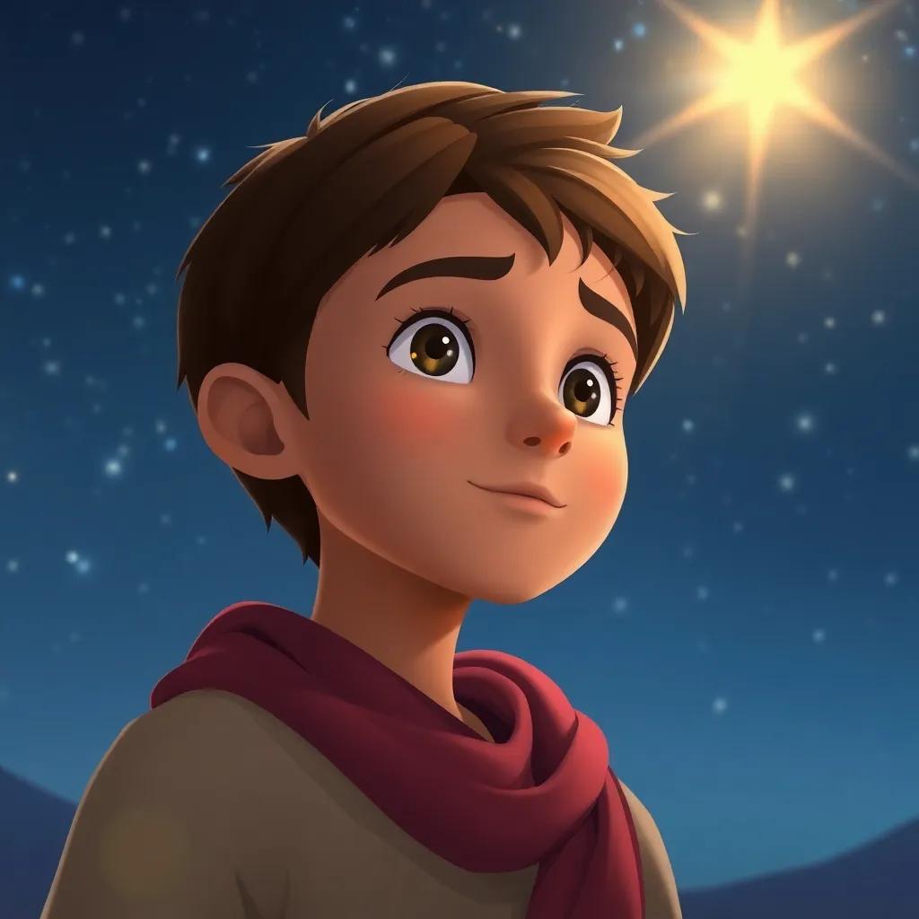 Sami, a young Arab boy, with short brown hair, with a thoughtful expression, wishing for true friendship under a starlit sky, glowing magic wand in hand, dreamy atmosphere, calm colors, high quality