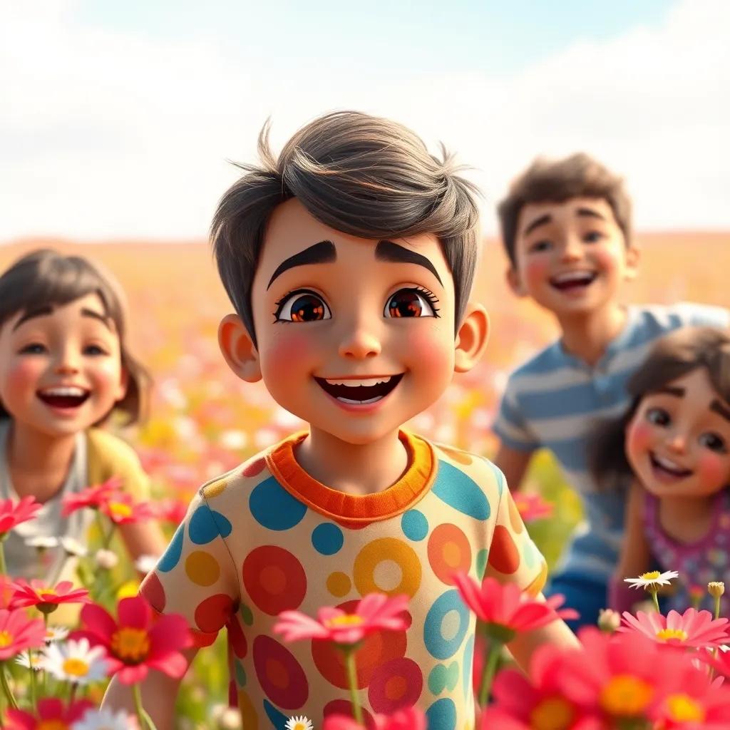 Sami, a young Arab boy with short brown hair in a colorful t-shirt, joyfully playing with his real friends in a field of flowers, smiles and laughter, bright sunlight, vibrant colors, uplifting scene, high quality