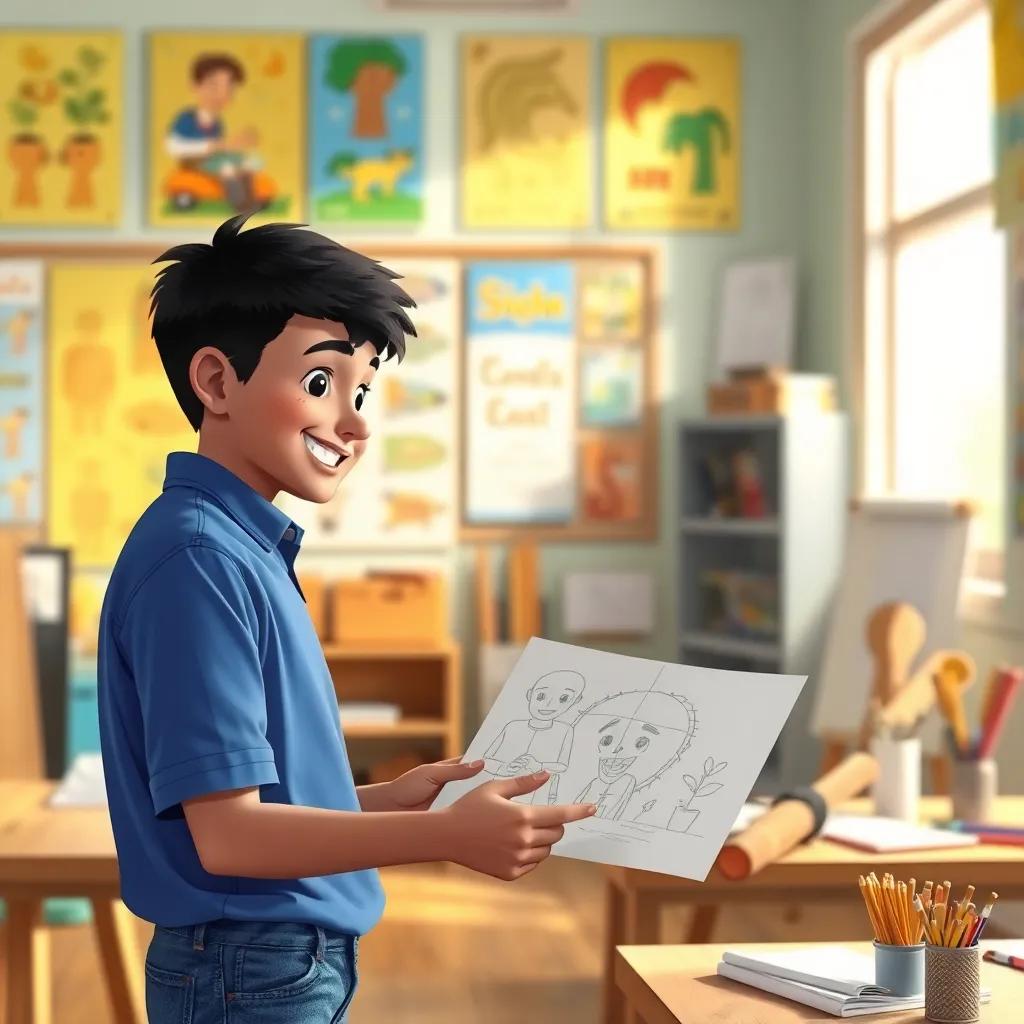 Abdullah, a young Arab boy with short black hair in a blue t-shirt and jeans, smiling brightly as he shows his drawings to a famous artist in a classroom filled with bright posters and art supplies, illustration, inspirational, warm light, engaging view, storytelling
