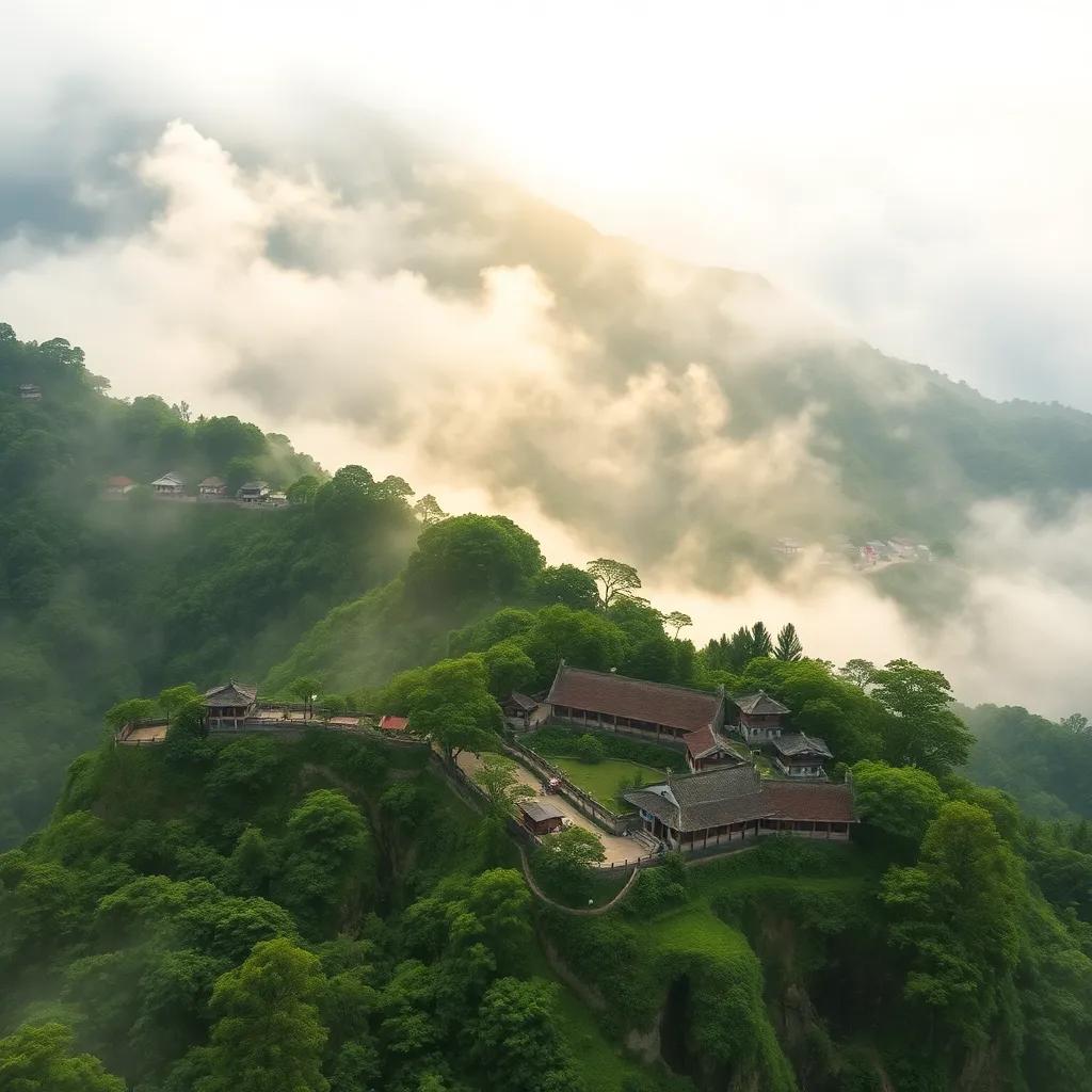 A lush, misty mountain in Taiwan, with ancient forests whispering secrets to the wind, showing a quaint village on the outskirts of an imperial city, breathtaking scenery, vibrant greens, golden sunlight filtering through the mist, enchanting atmosphere, high quality