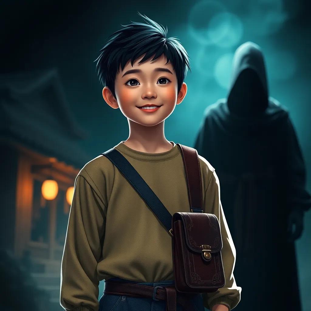 Hin, a young Asian boy, friendly smile, dressed in simple village clothes with a satchel, standing before a mysterious figure in black, dramatic lighting, tension in the air, storytelling vibe, high resolution