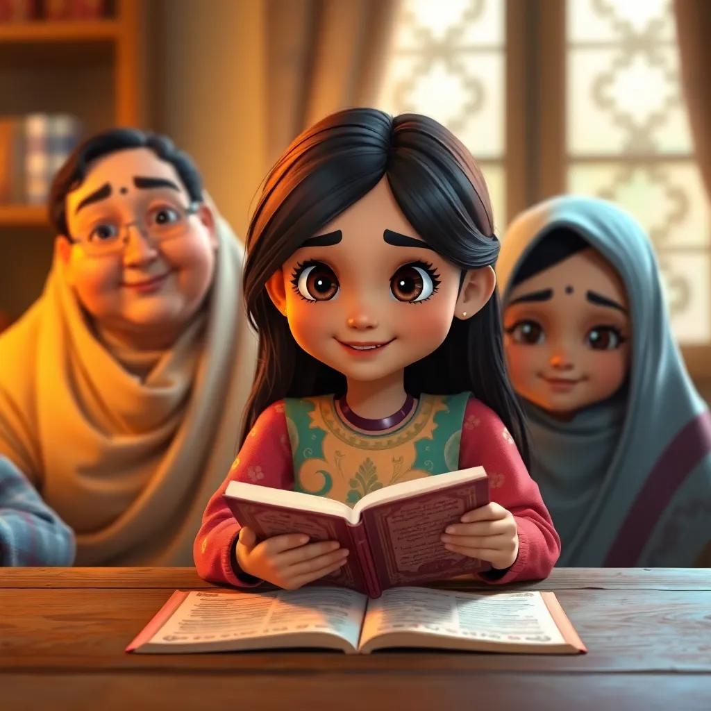 A strong and brave girl, Mayson, with long dark hair wearing colorful clothes, sitting at a table with her mother and sister, studying Quranic verses with a playful look, warm light, cozy atmosphere, digital art, child-friendly