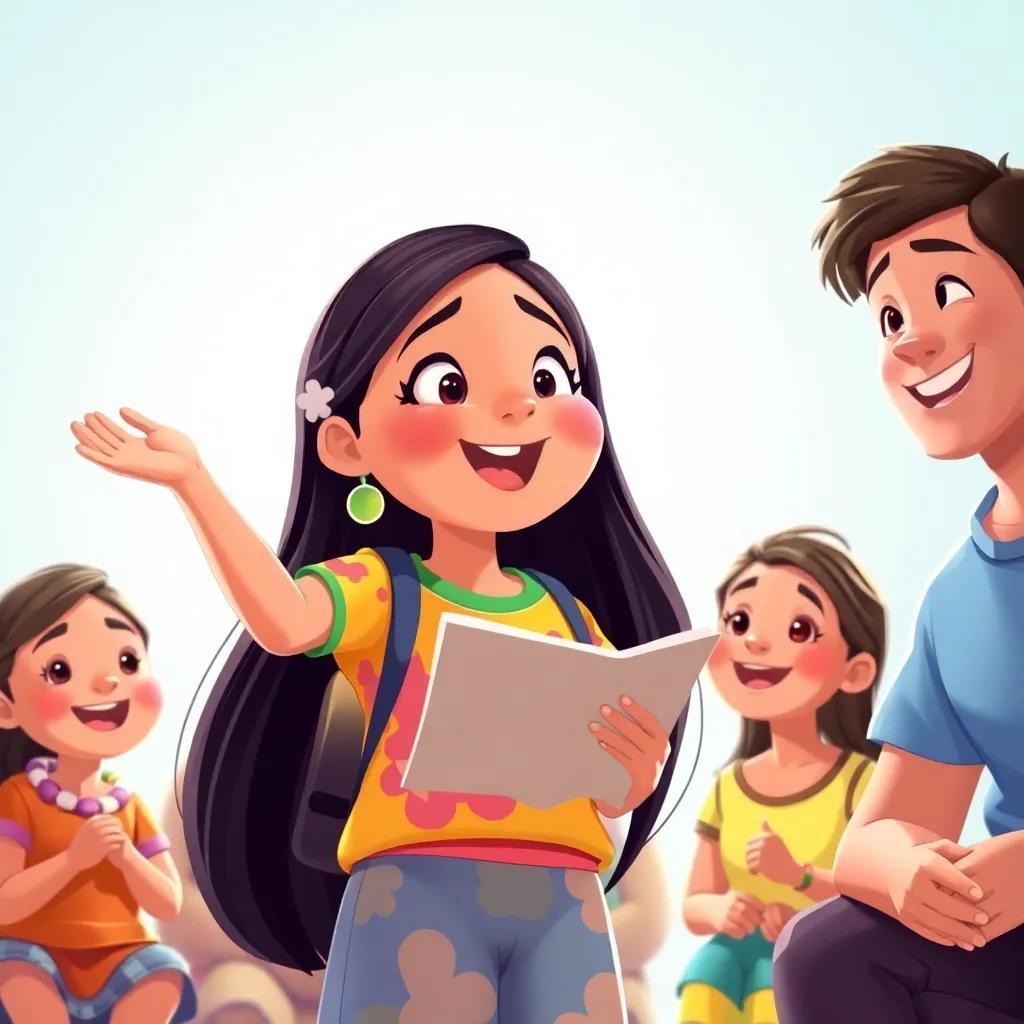 Mayson, a strong and brave girl, with long dark hair in colorful clothes, reciting verses loudly with a smile and determination, surrounded by family members who are listening attentively, bright and cheerful colors, uplifting atmosphere, illustration