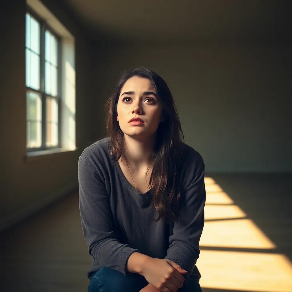 A brave young woman, Mayson, in her twenties, sitting in an empty room, looking worried and lost, with sunlight streaming through the window, digital art, warm colors, emotional atmosphere, high quality