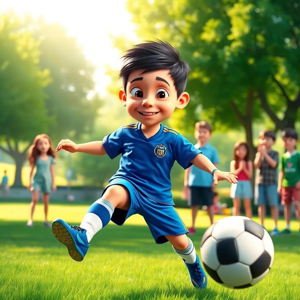 A young boy, Lionel Messi, with short dark hair, wearing a blue soccer jersey and shorts, skillfully dribbling a soccer ball in a sunny park, friends cheering around him, digital art, vibrant colors, joyful atmosphere, high quality