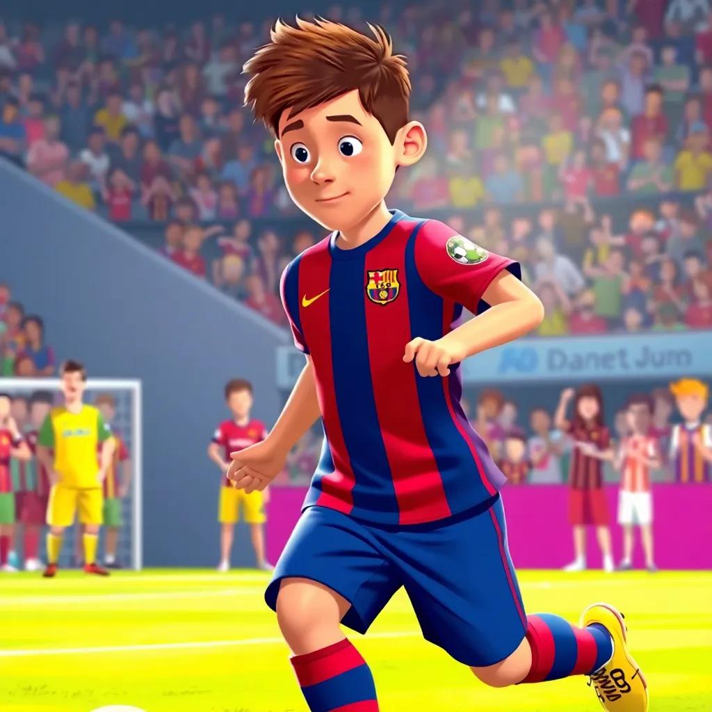 Lionel Messi, now a young man, wearing a Barcelona jersey, focused on the soccer field, preparing to kick the ball, teammates and fans cheering in the background, illustration, energetic, inspiring, child-friendly