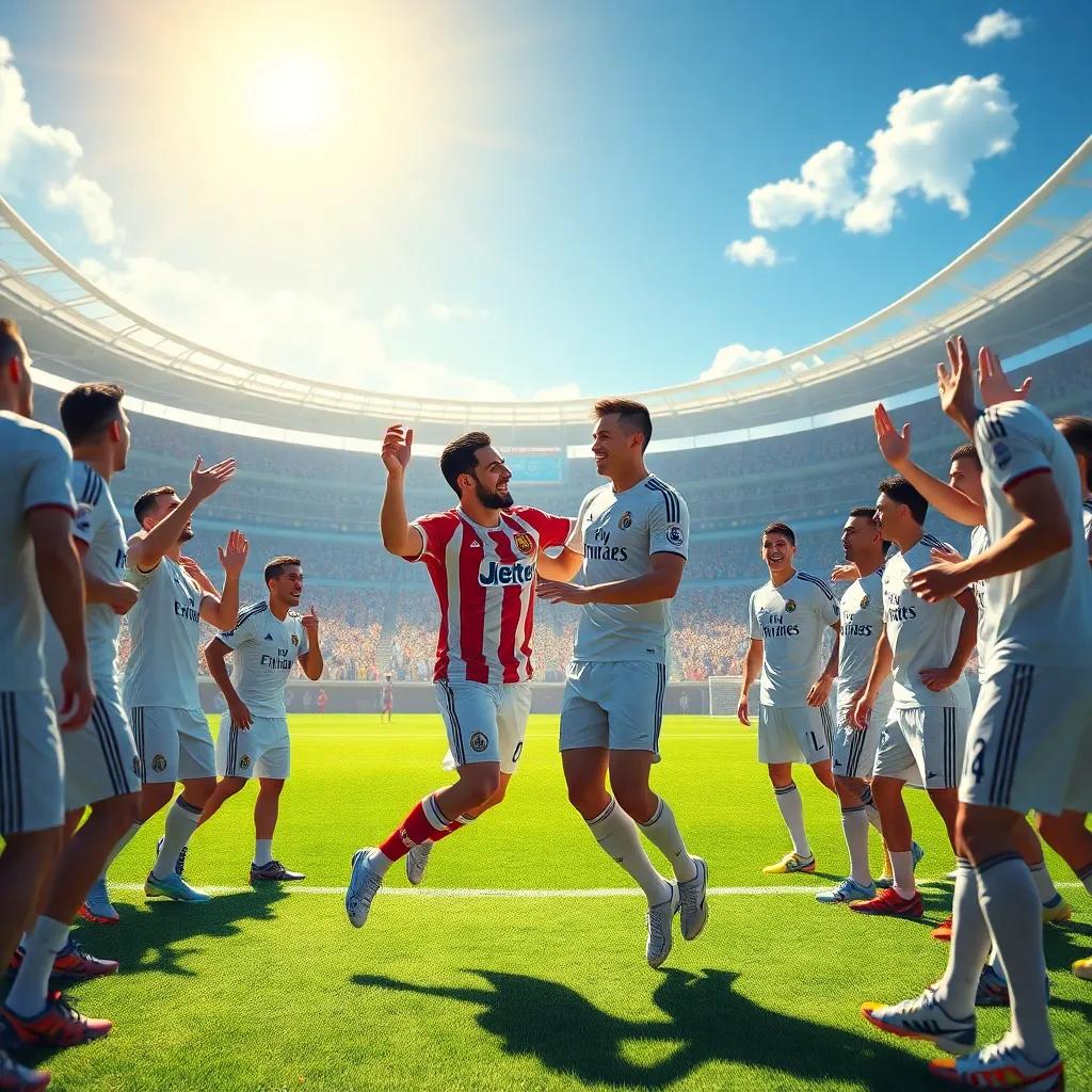 A sunny day in a vibrant football field where Messi and Ronaldo are playfully challenging each other, with excited Real Madrid players gathered around, cheering, vibrant colors, dynamic atmosphere, high energy, digital art, lively