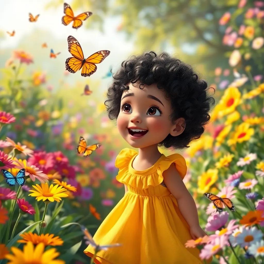 A young girl, Mays, with curly black hair, wearing a bright yellow dress, playing in a colorful flower garden filled with butterflies, smiling and laughing, bright sunlight, vibrant colors, cheerful atmosphere, digital art, beautiful and detailed, enchanting