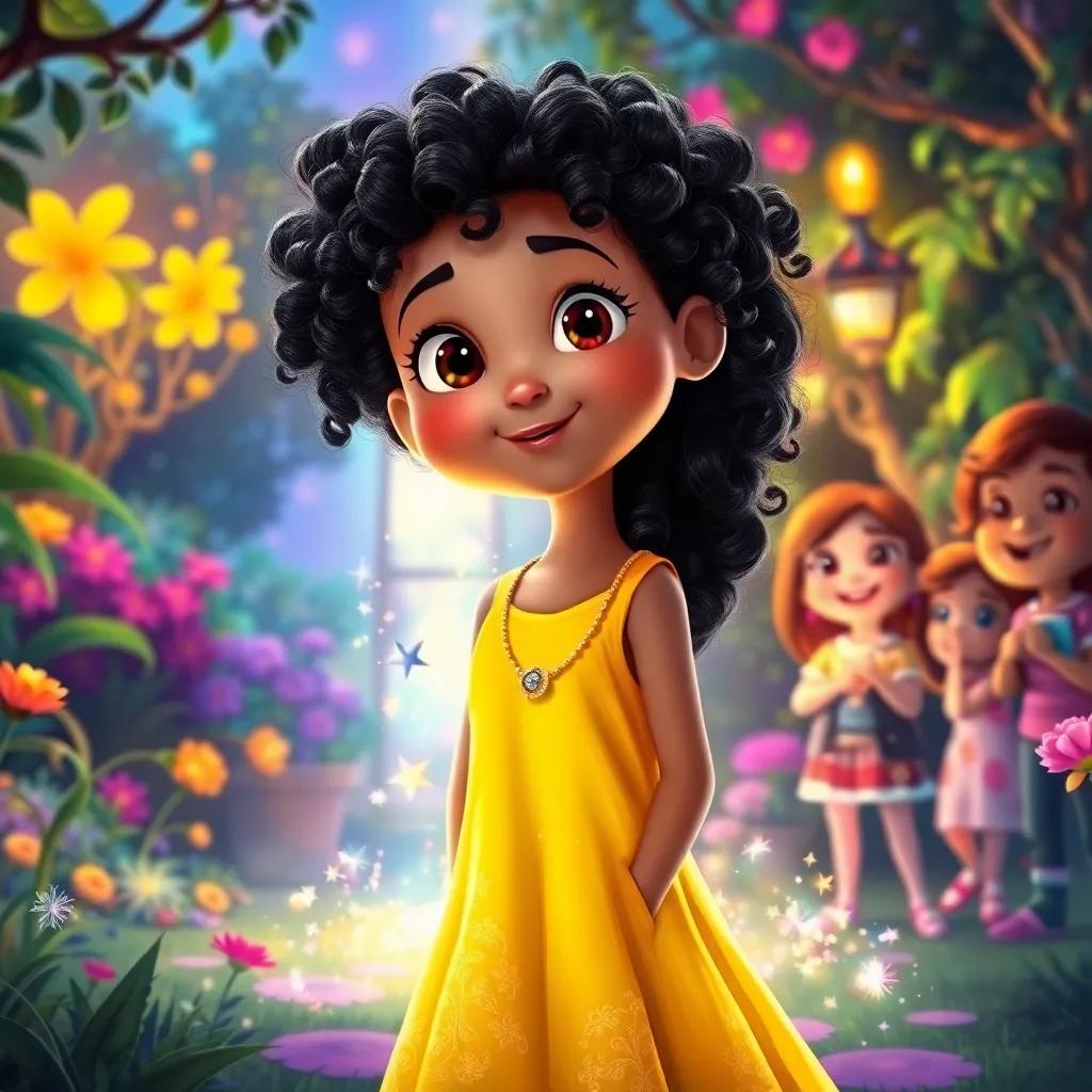 Mays, a young girl with curly black hair in a bright yellow dress, wearing a magical necklace, standing in a transformed garden with sparkling lights and vibrant colors, her friends surprised and happy, fantasy theme, colorful, captivating scene, digital painting, high quality
