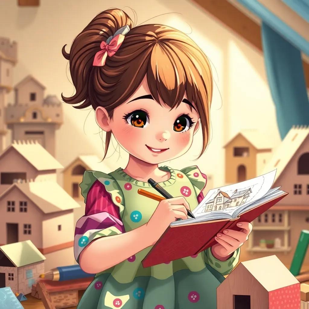 A young girl, ميليسا, with brown hair and a colorful dress, sketching houses in her notebook with a sunlight background, surrounded by cardboard houses and materials, cheerful, bright colors, playful and adventurous, detailed illustration, high quality