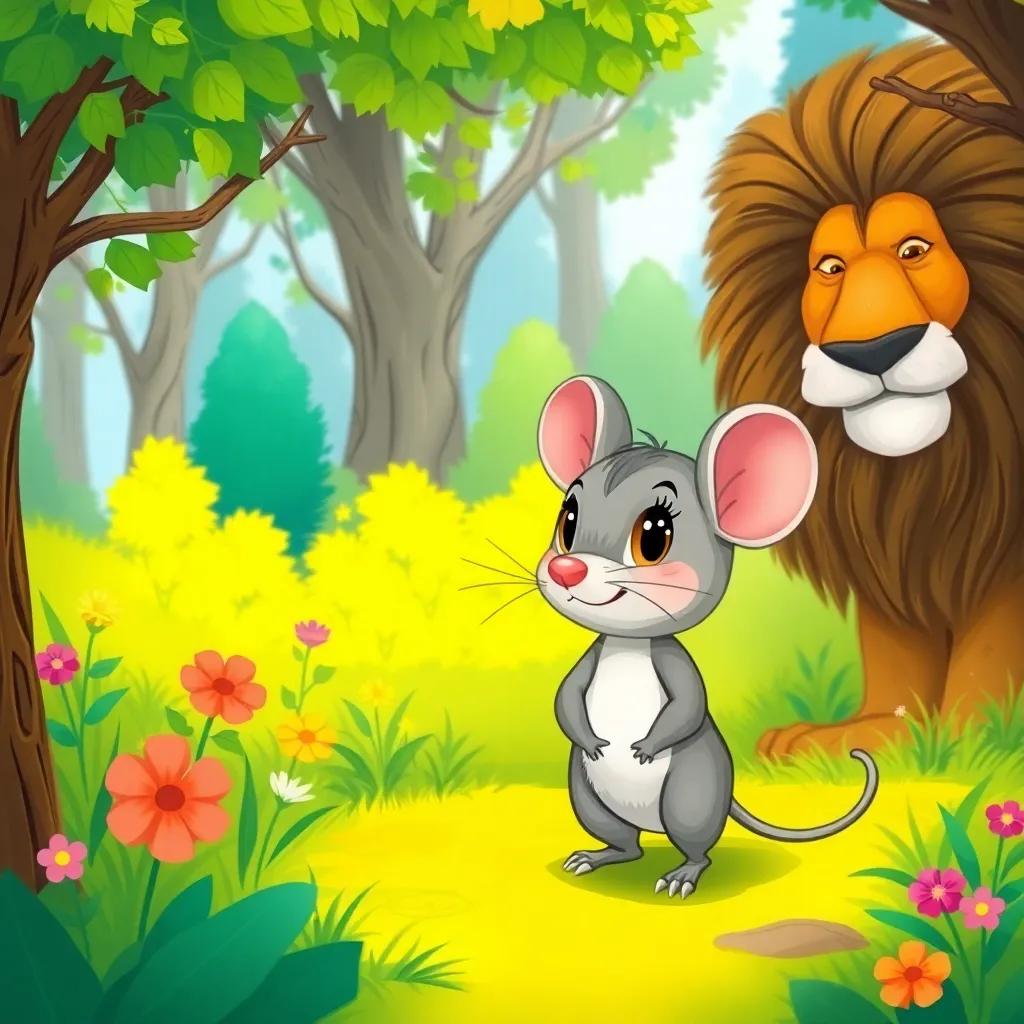 A small grey mouse, Mimo, with bright eyes and a tiny smile, standing in a colorful forest with green trees and flowers, looking curiously at a big lion, digital art, cheerful and vibrant colors, playful atmosphere, high quality