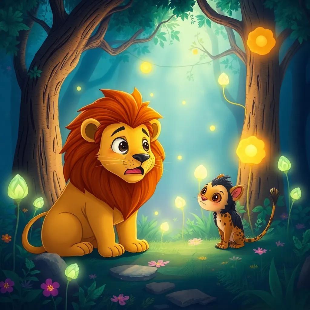 A big lion, Ra'ad, looking surprised and small in comparison to Mimo, in a magical forest with glowing plants, depicting a scene of transformation, illustration, whimsical, enchanting colors, fantasy theme, high quality