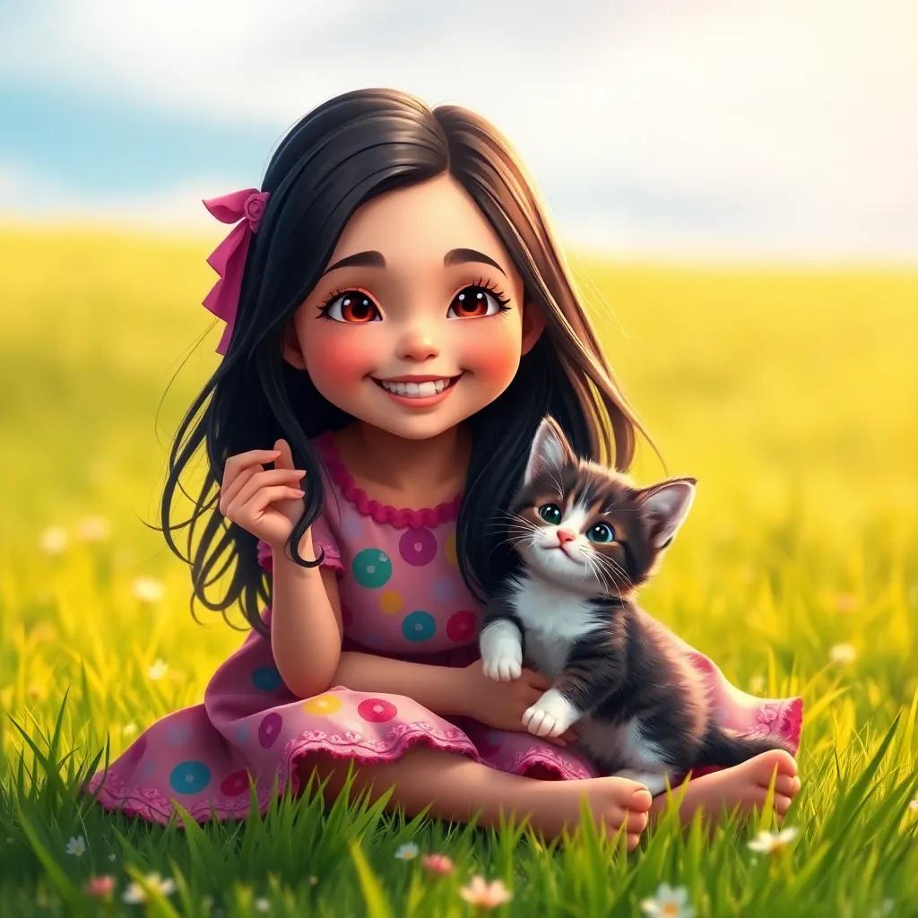 A beautiful young girl, Mimo, with long black hair, wearing a colorful dress, sitting on a grassy field with a playful kitten, smiling joyfully, digital art, warm colors, cheerful atmosphere, high quality
