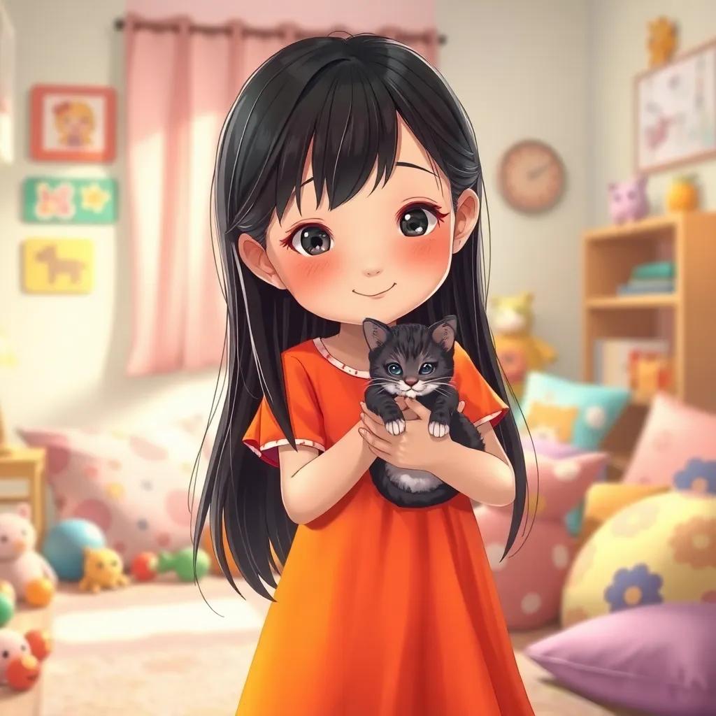 Mimo, a young girl with long black hair, wearing a bright dress, holding her kitten named Koki in her arms, in a cozy room filled with toys and colorful cushions, digital painting, soft light, inviting scene, high resolution