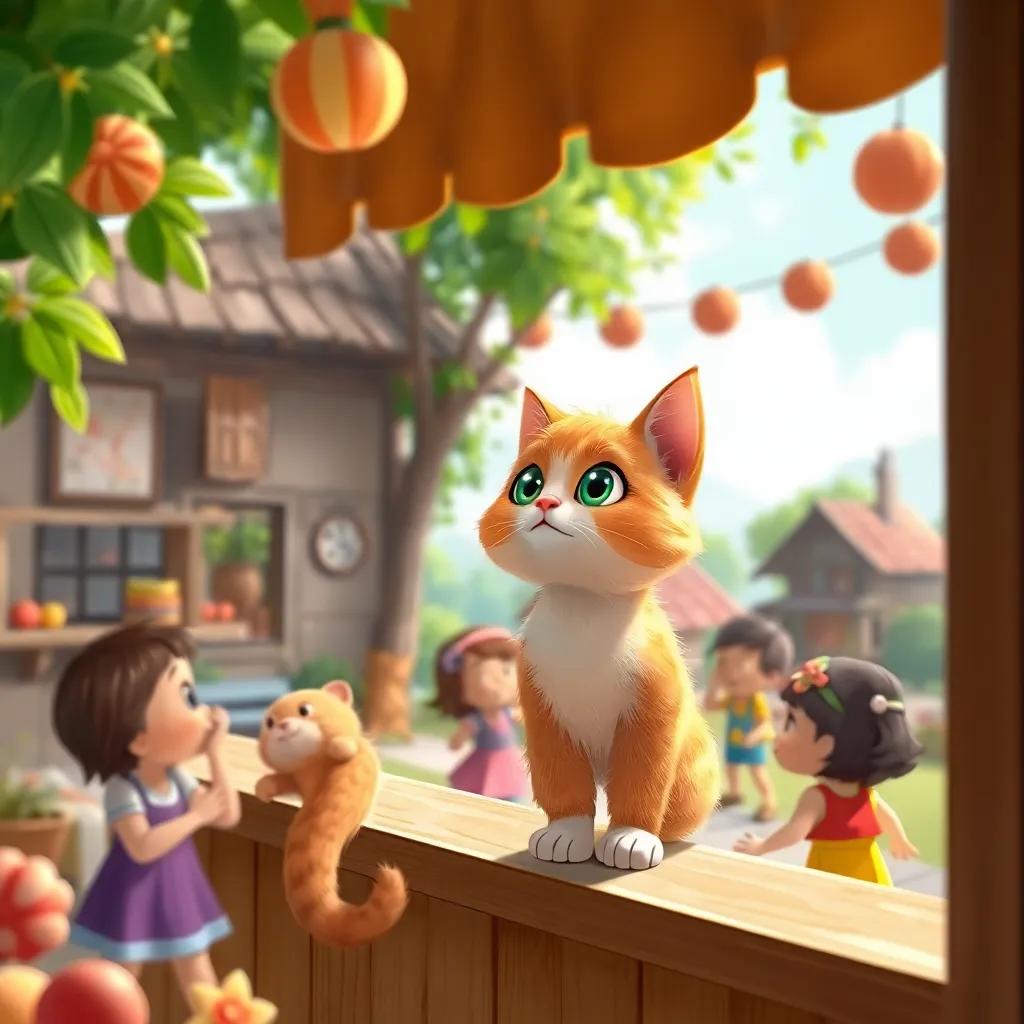 A small cat, Mيمي, with fluffy orange fur and bright green eyes, watching children play from her window in a village, cheerful atmosphere, vibrant colors, happy vibes, digital art, high quality