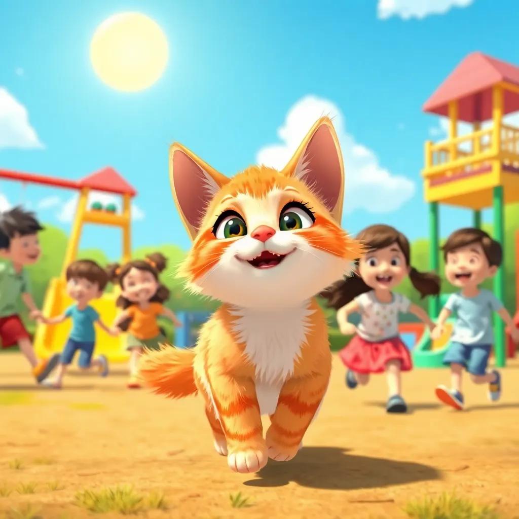 Mيمي, a small cat with fluffy orange fur, playing with children in a playground, kids laughing and running, sunny day, bright blue sky, lively scene, illustration, colorful