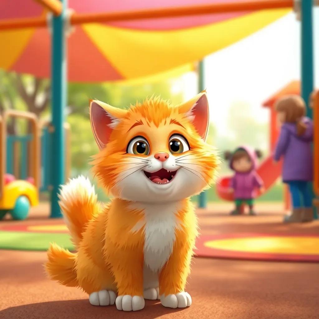 Mيمي, a small cat with fluffy orange fur, saying hello to children in the playground, playground equipment in the background, cheerful expressions, bright rainbow colors, friendly atmosphere, digital painting