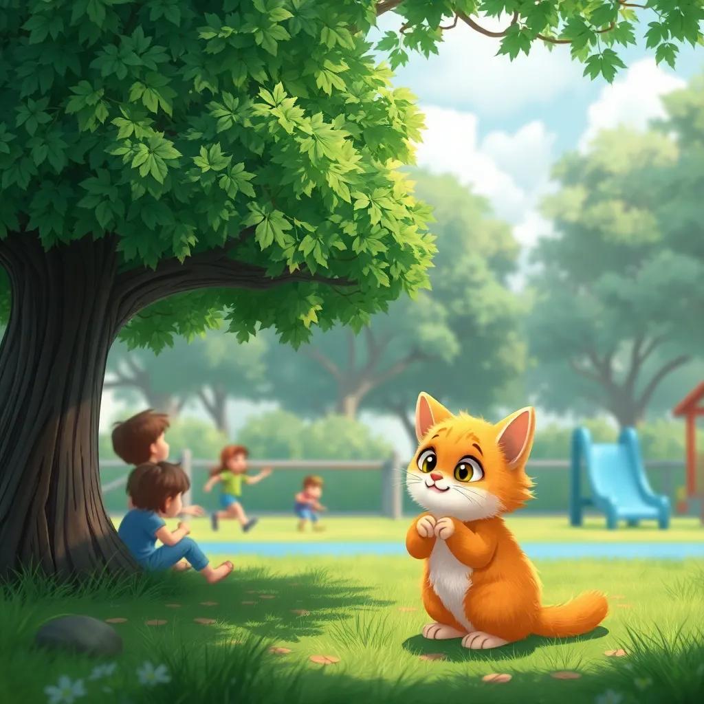 Mيمي, a small cat with fluffy orange fur, counting while looking for hiding kids, under a large tree in the playground, playful atmosphere, vibrant greens and blues, engaging scene, illustration