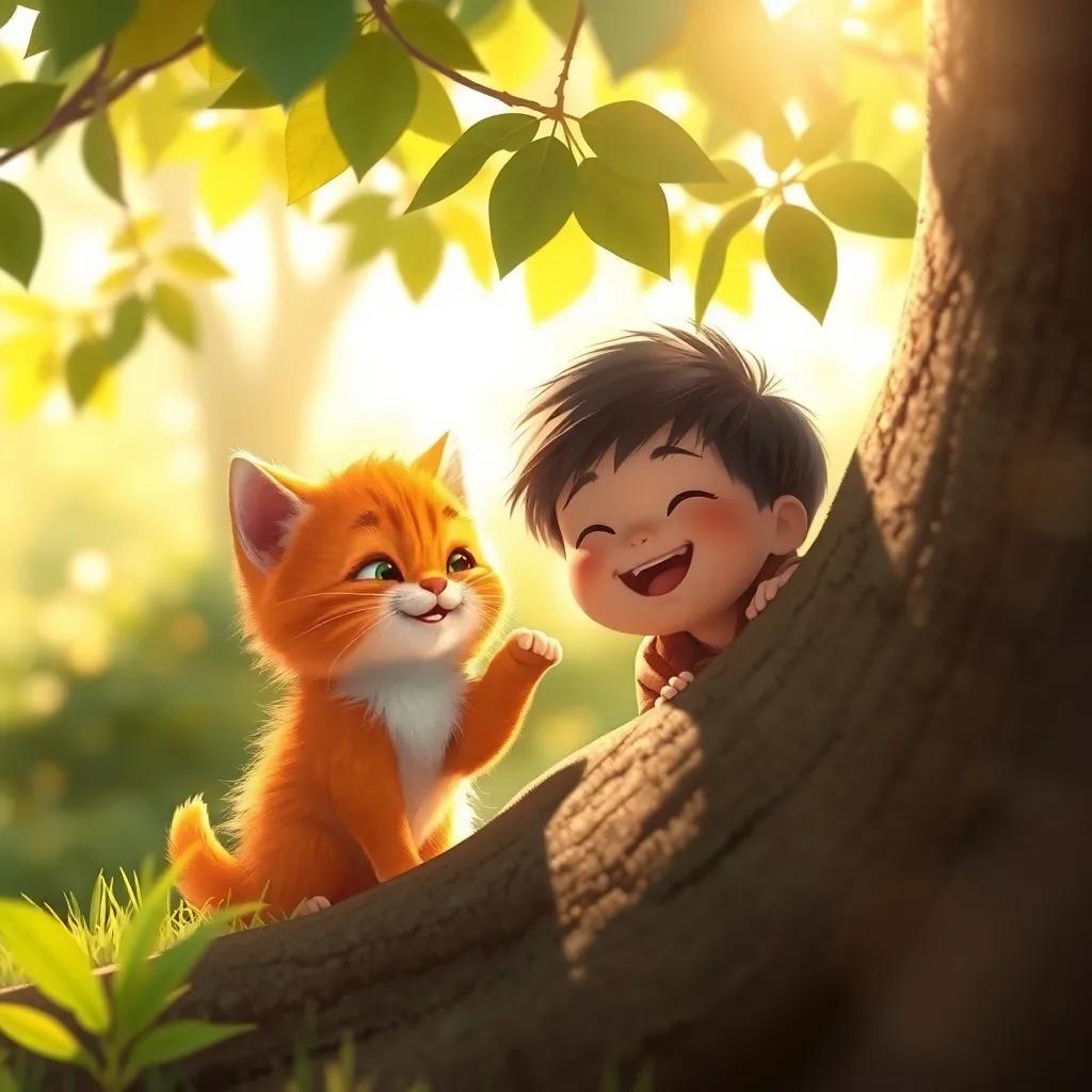 Mيمي, a small cat with fluffy orange fur, finding a child hiding behind a tree, both laughing, bright sunshine filtering through leaves, warm and inviting scene, digital art, high quality