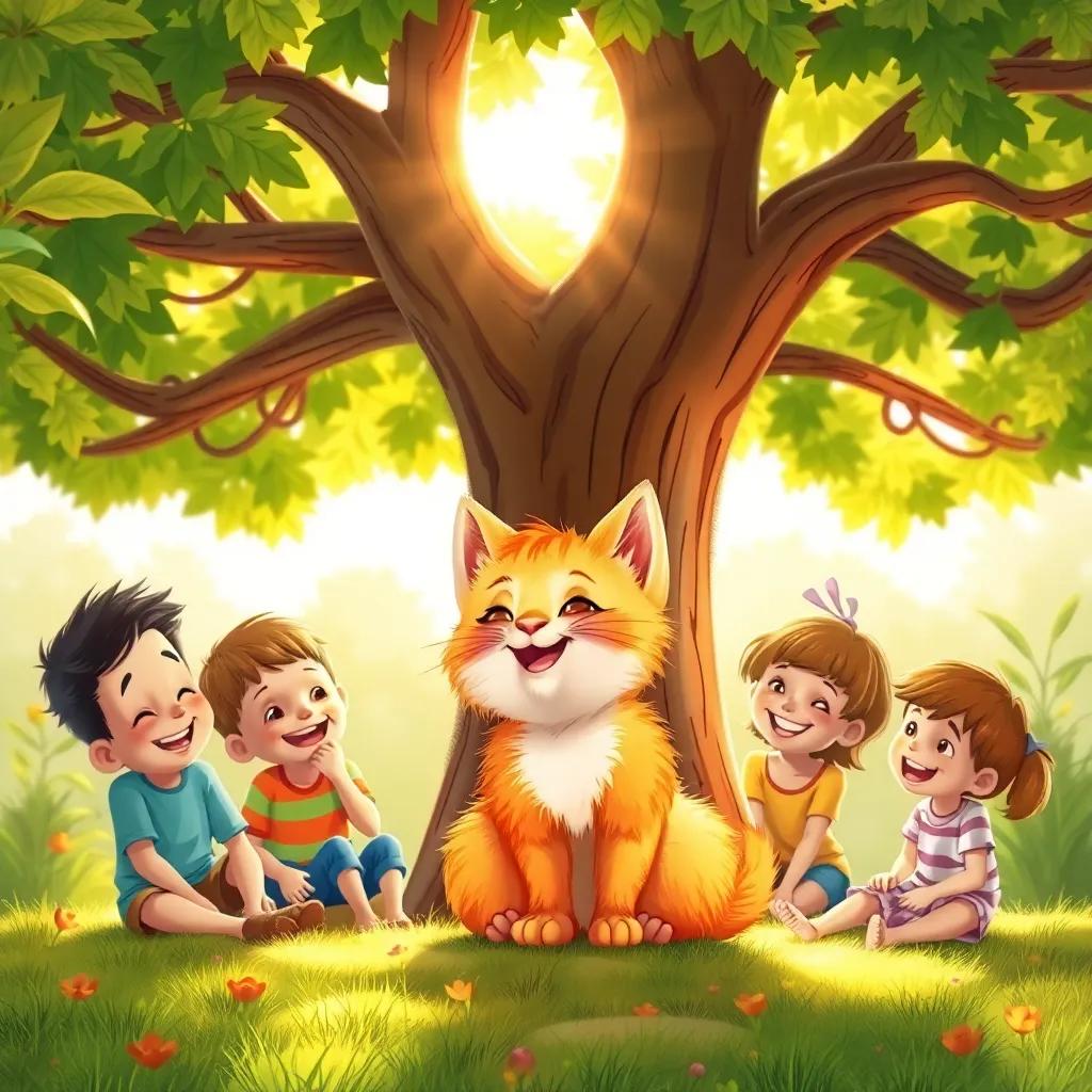 Mيمي, a small cat with fluffy orange fur sitting under a big tree with children, all smiling and laughing together, warm sunshine, inviting atmosphere, vibrant colors, playful setting, illustration