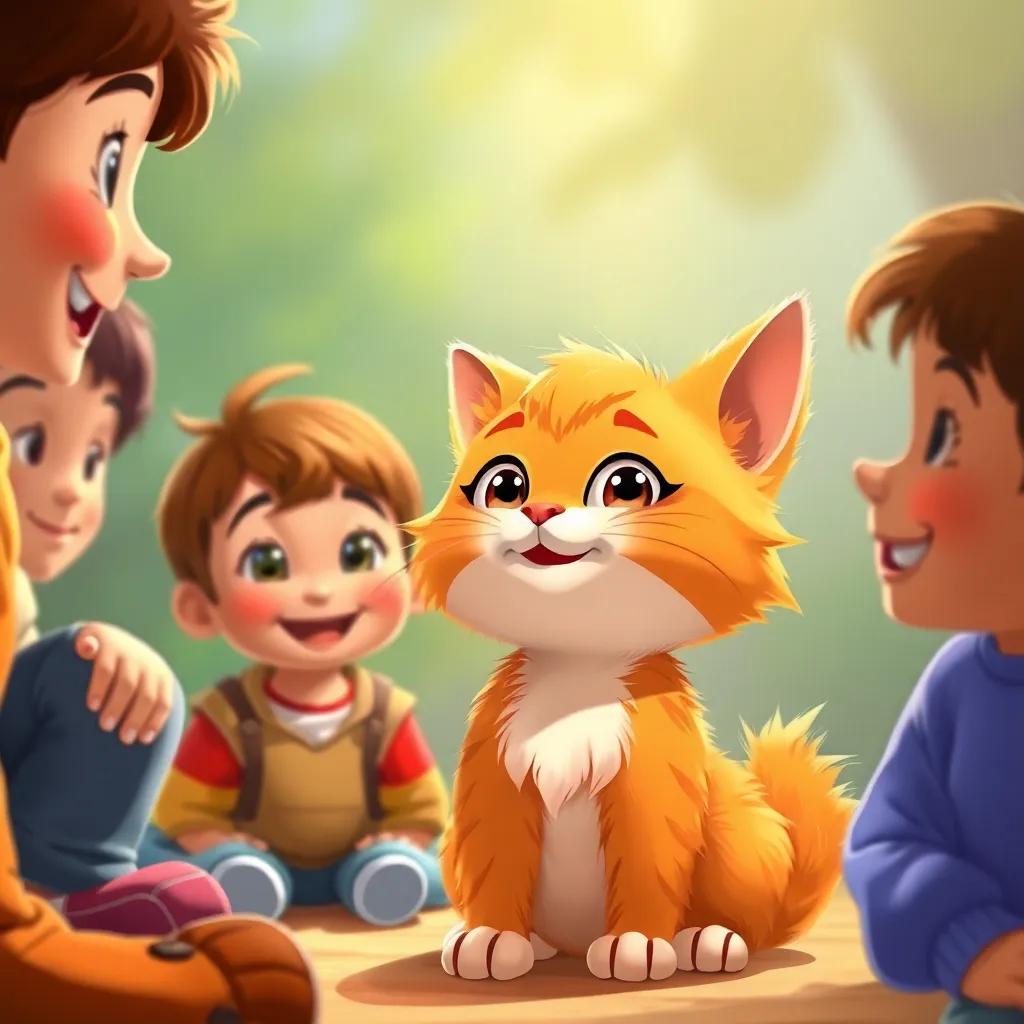 Mيمي, a small cat with fluffy orange fur, talking to children, everyone smiling brightly, fun and friendship theme, warm colors, happy feelings, digital painting